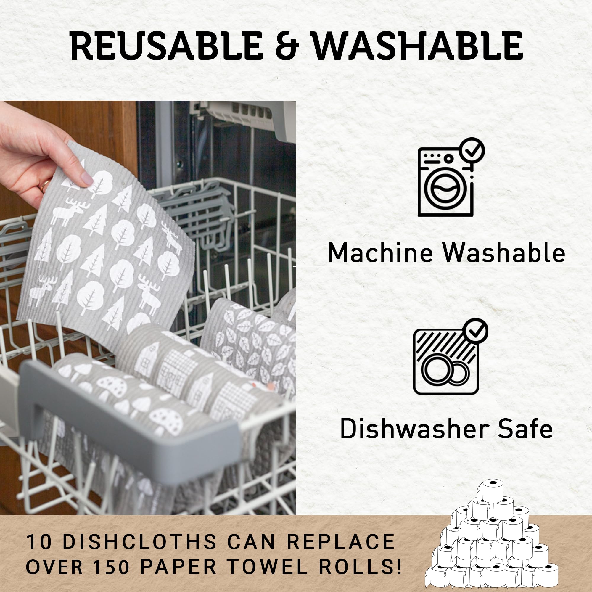Premium Swedish Dishcloths - 10 Pack Grey Reusable & Washable Cellulose Cotton Kitchen Towels | Eco-Friendly Alternative to Paper Towels, Sponges & Dish Rags | Made in Sweden | Perfect for Dishwashing, Counter Cleaning & Household Chores