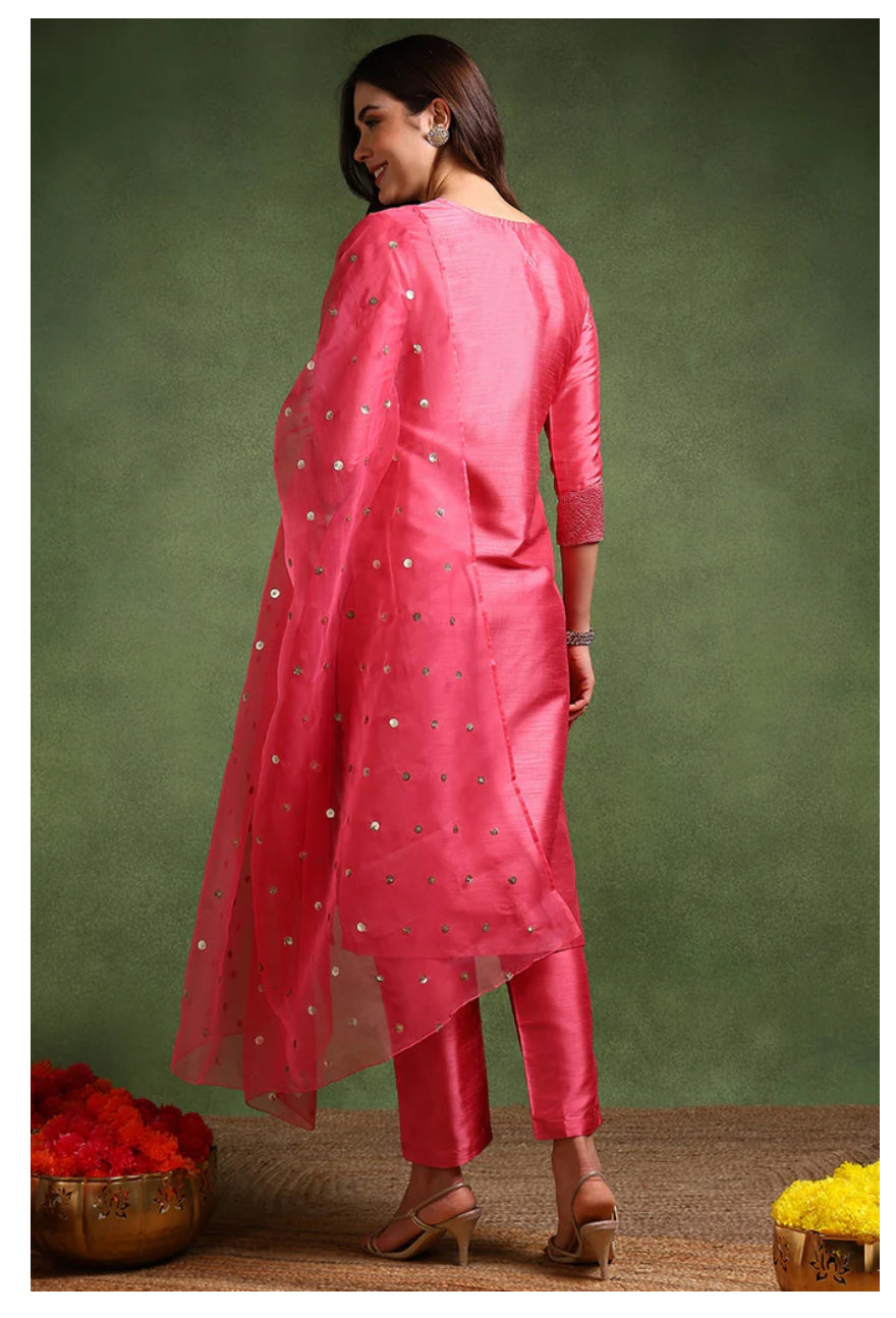 Elegant Pink Poly Silk Kurta Set for Women | Traditional Indian Ethnic Wear | Perfect for Festivals, Weddings & Parties