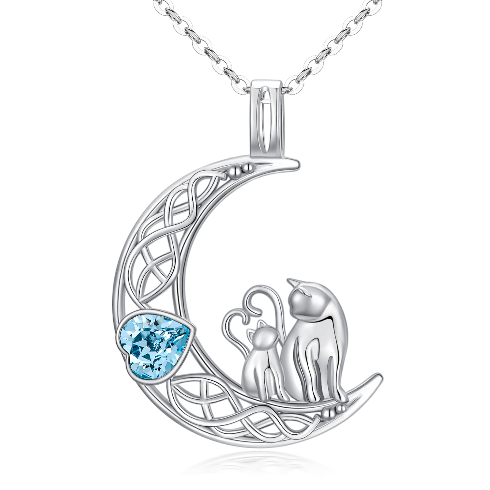 925 Sterling Silver Cat Necklace with Blue Crystal - Moon Cat Pendant Jewelry for Women, Perfect Gift for Cat Lovers, Mothers & Daughters | Elegant Everyday Wear, Birthday Present & Special Occasion Gift