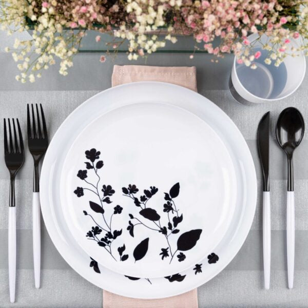 20-Piece Round Plastic Dinnerware Set - White & Black for 10 Guests | Disposable Plates, Bowls, Cups & Cutlery | Perfect for Outdoor Picnics, BBQs, Garden Parties & Casual Dining