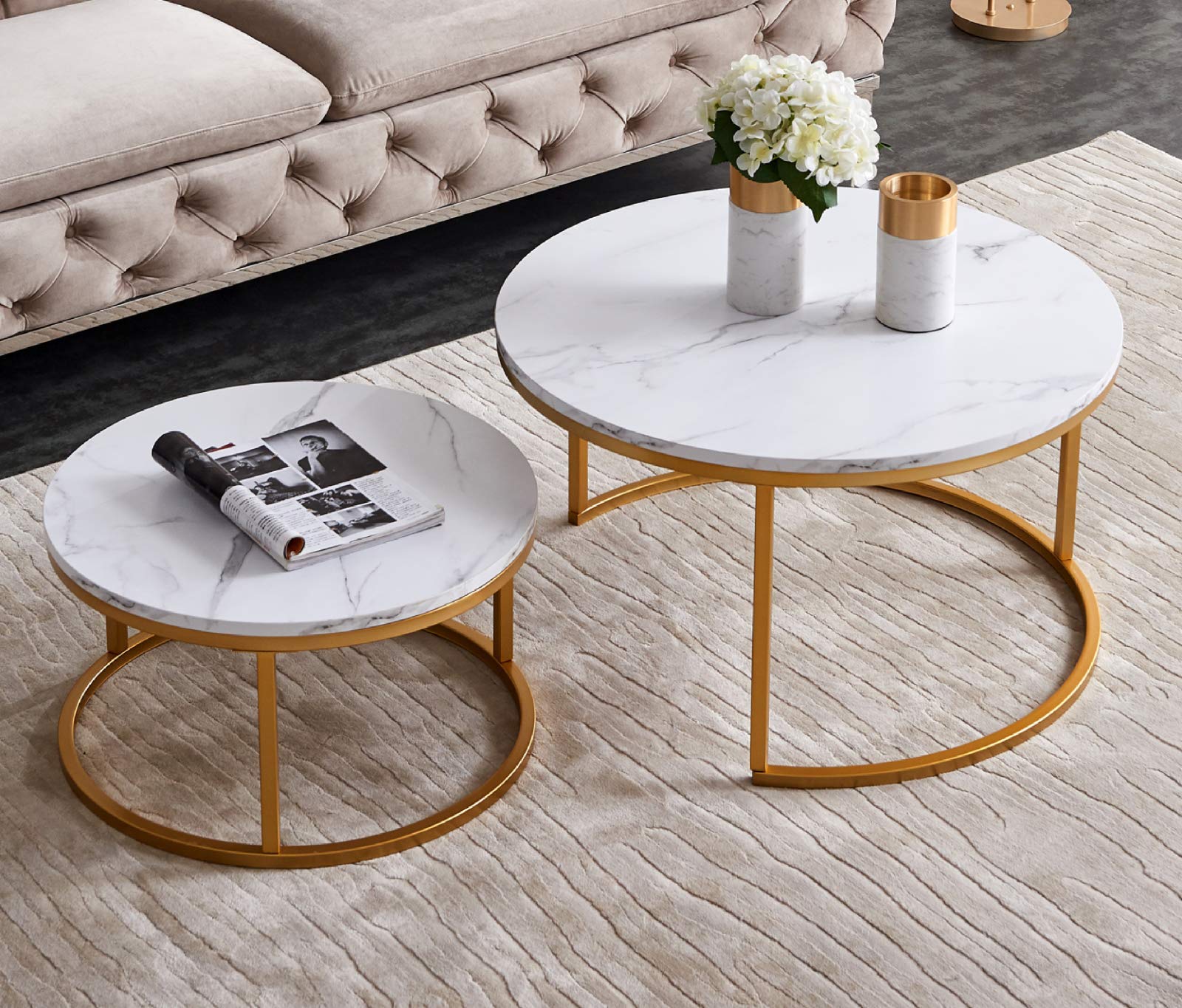 Modern Nesting Coffee Table Set of 2 - Gold Metal Frame with Marble Top, Minimalist Side Tables for Living Room, 31.5 Inch - Perfect for Small Spaces, Home Decor & Coffee Table Styling