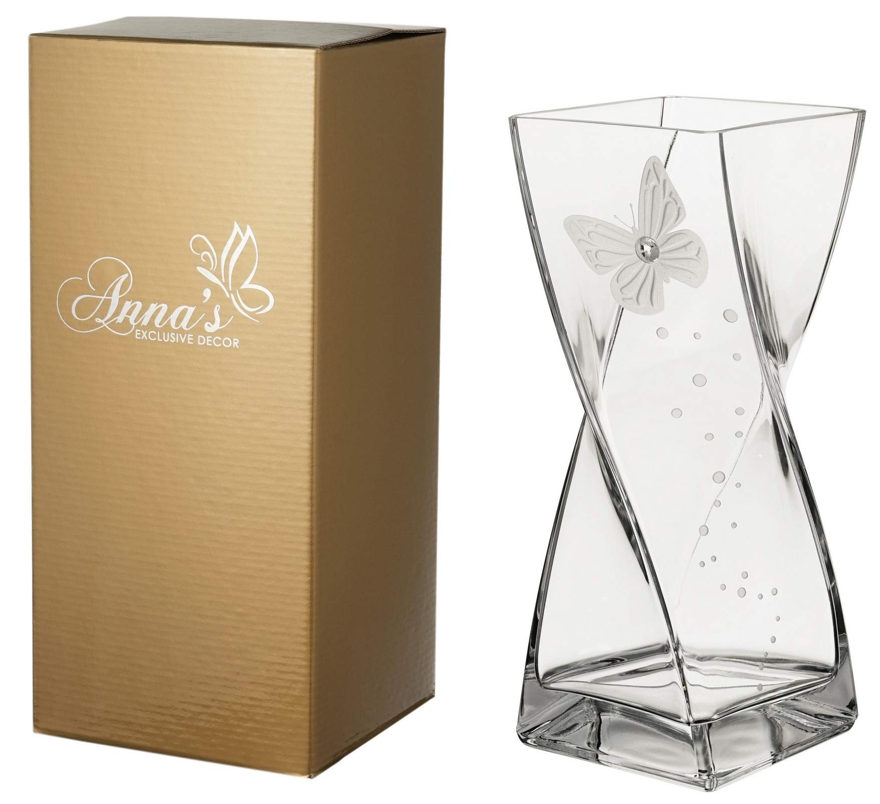 **Handmade Large Glass Butterfly Vase with Swarovski® Crystal & Sandblasted Design - 11.8 Inch (30cm) Elegant Home Decor - Perfect for Wedding, Anniversary, or Luxury Gift in Golden Gift Box**