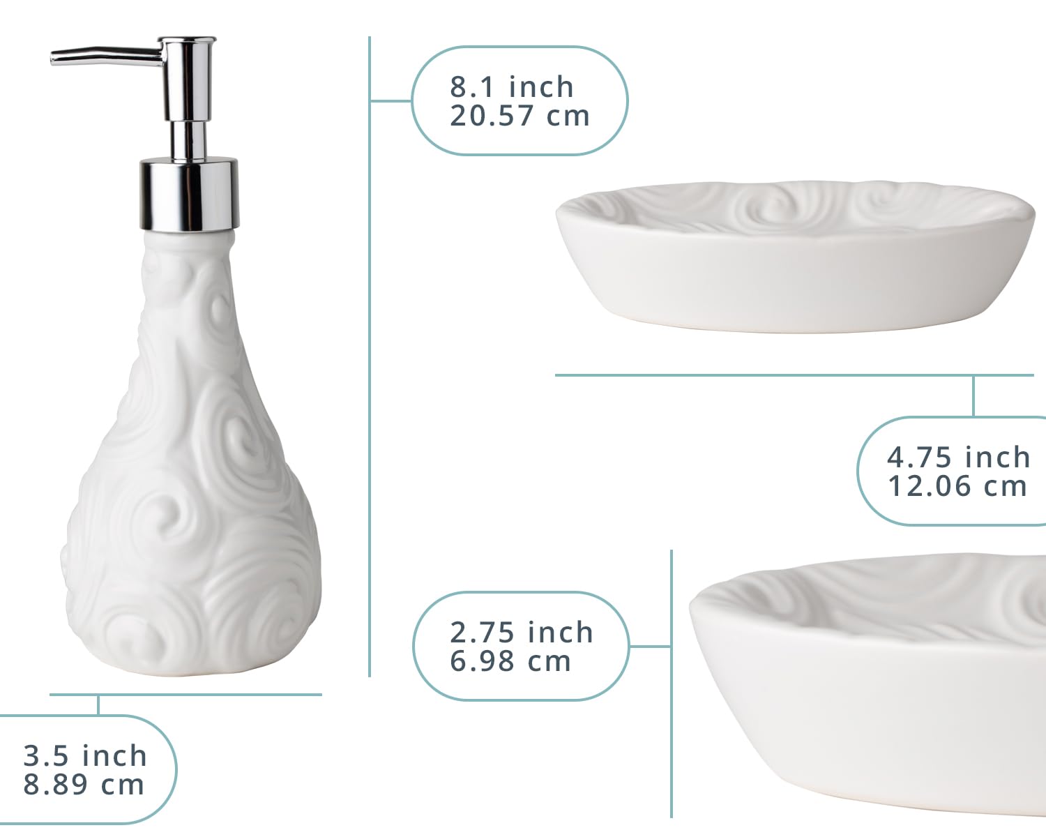 Comfify Designer 4-Piece Bathroom Accessories Set - Porcelain Soap Dispenser, Toothbrush Holder, Tumbler & Soap Dish - Glossy White Finish with Ocean Wave Design - 15.6oz Capacity - Perfect for Modern Bathrooms, Guest Suites & Spa-Style Decor