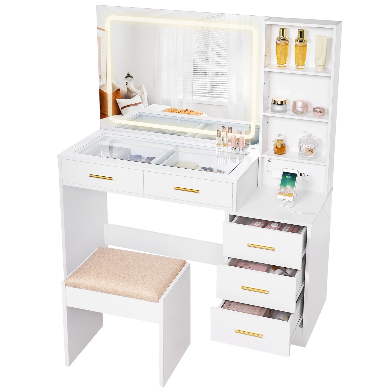 BEWISHOME White Makeup Vanity Desk with LED Lights, Mirror & Power Outlet - 5 Drawers Dressing Table with Glass Top, 3 Lighting Modes, Stool Included - Perfect for Bedroom, Girls Room & Beauty Salon Makeup Station