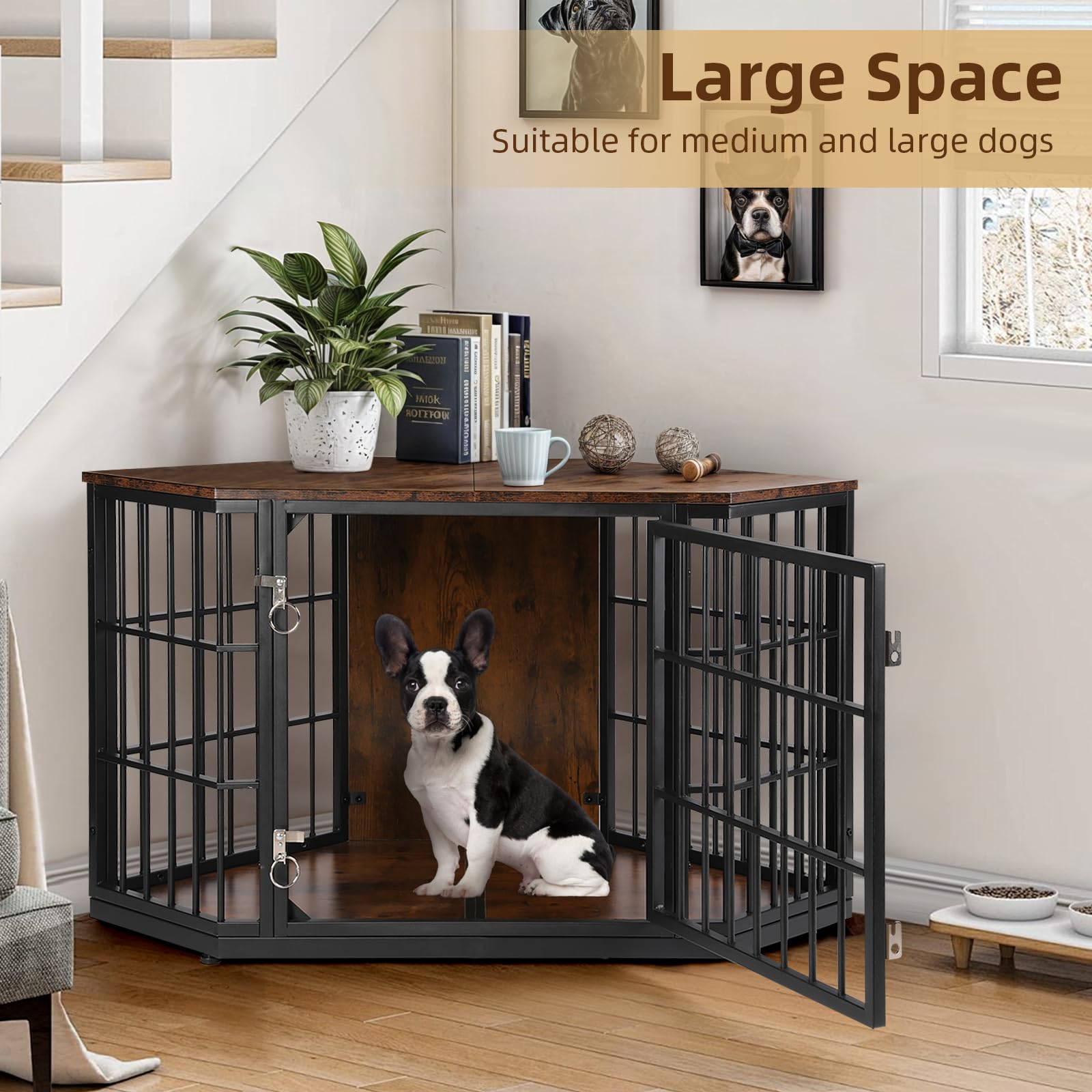 VOWNER 47 Inch Wooden Dog Crate Furniture - Corner Kennel End Table for Medium Dogs | Indoor Pet Crate with Wide Top | Space-Saving Design for Small Rooms | Perfect for Living Room, Bedroom or Office (Brown)