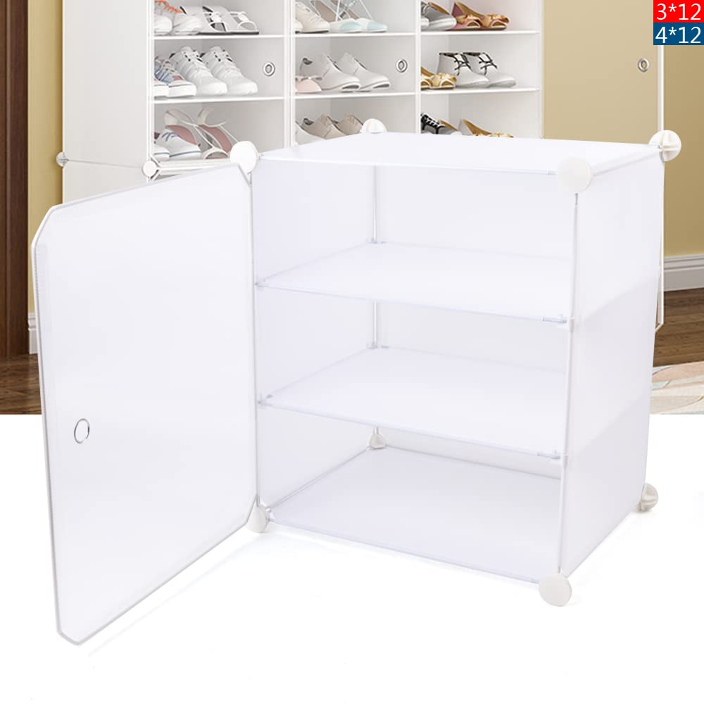 DYRABREST 12-Tier Shoe Storage Organizer - Stackable White Shoe Box Cabinet, Free Standing Portable Shoe Rack for Closet Shelf - DIY Display Shoe Box Container (3x12 Tier) - Perfect for Bedroom, Closet & Entryway Organization