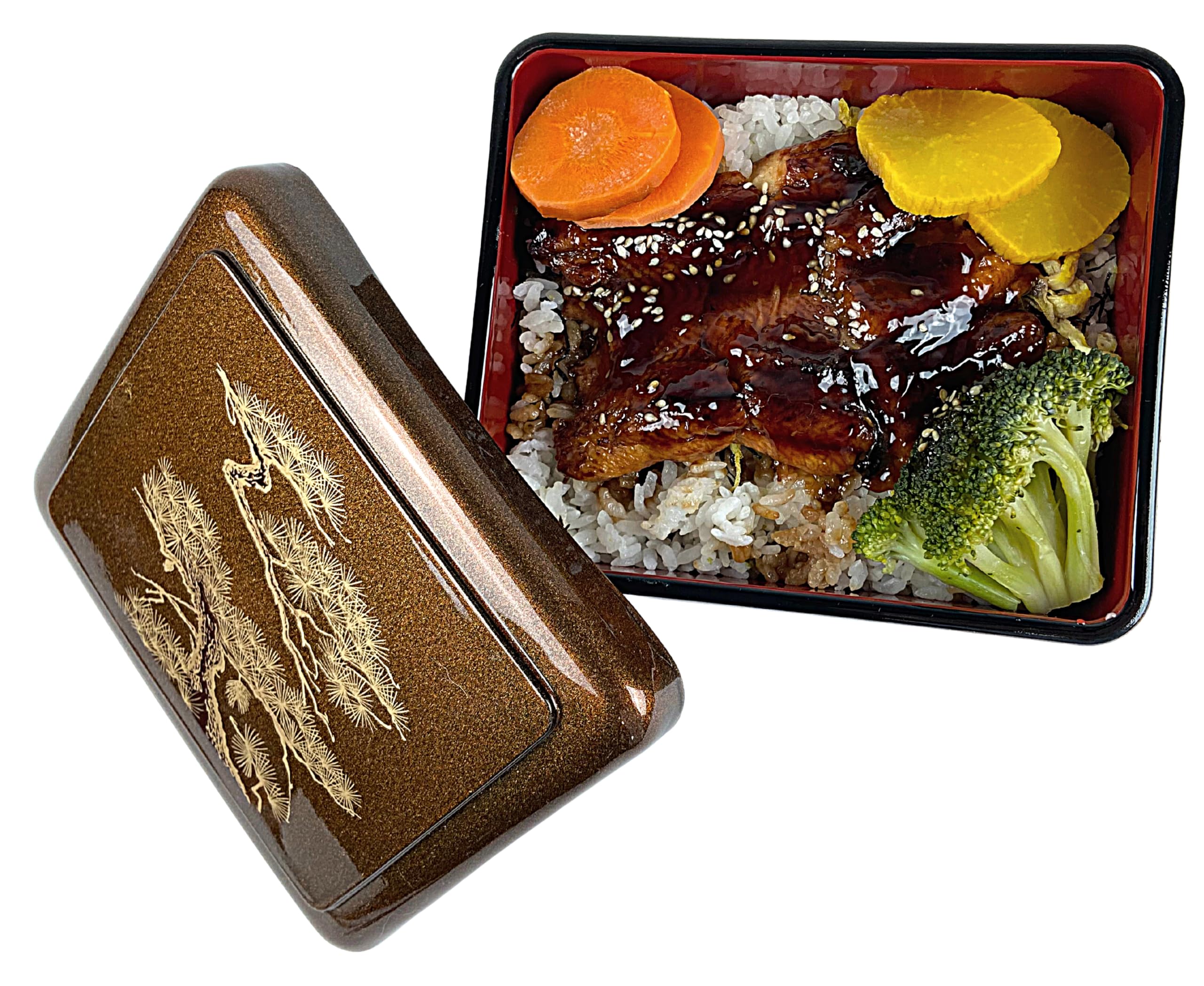 Premium Japanese Bento Box Set of 4 - Traditional Lacquered Unagi Don & Poke Bowl Lunch Boxes | Authentic Made in Japan | Gold Pine Design | Perfect for Office Lunch, Meal Prep & Japanese Cuisine Presentation
