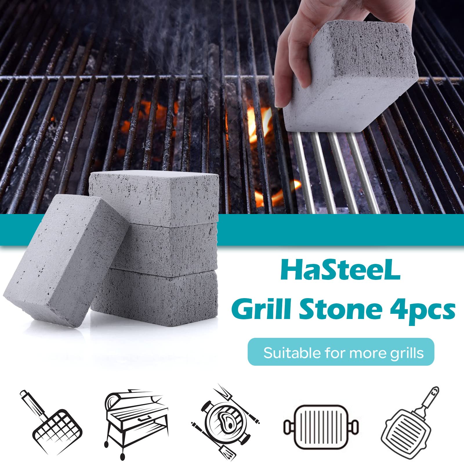 HaSteeL Grill Cleaning Brick Kit of 4 - Commercial Grade Pumice Stone for Removing Stains on Griddles, Flat Tops, Racks & Cast Iron - Reusable Grill Block Cleaner for BBQ, Sink & Kitchen Use