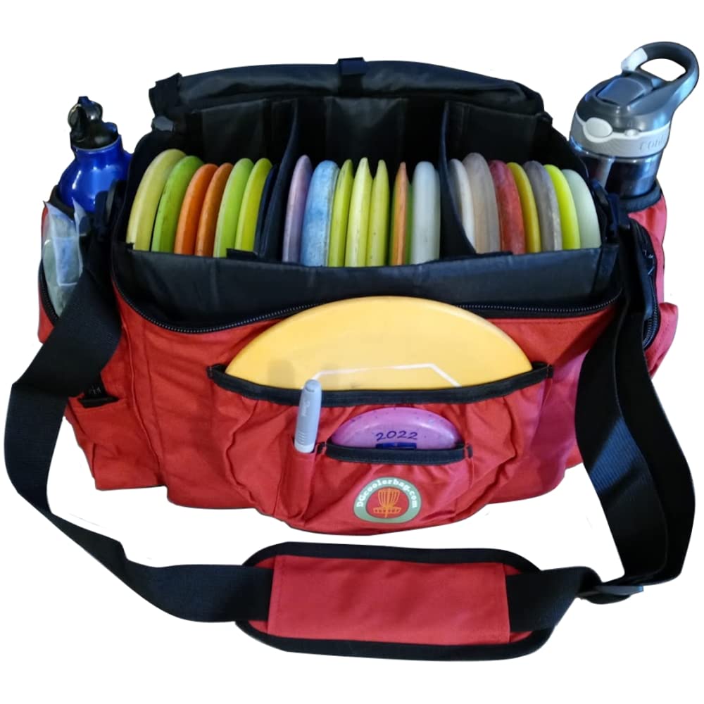 Disc Golf Cooler Backpack Bag - 13 to 22 Disc Capacity with Removable Insulated Cooler for 6-Pack, Adjustable Straps, Perfect for Tournaments & Outdoor Adventures (Red)