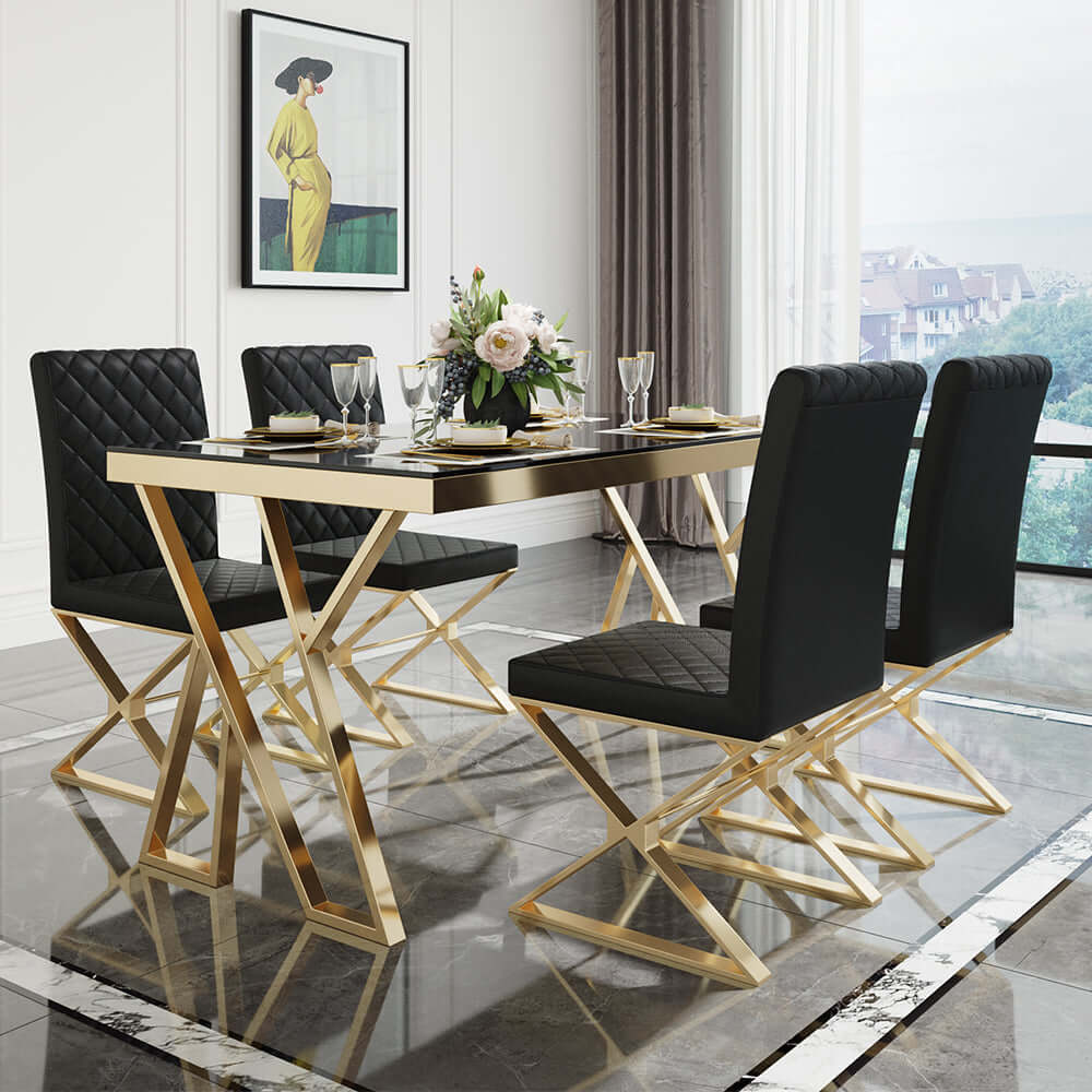 Modern Black Upholstered Leather Dining Chairs with Gold Metal Legs - Set of 2 - Elegant Seating for Dining Room, Kitchen, or Office