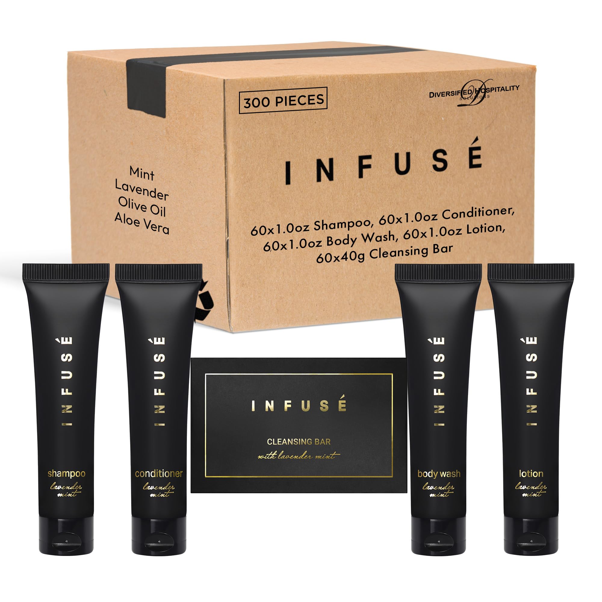 Infuse Black Hotel Soaps and Toiletries Bulk Set - 300 Pieces All-In-One Amenities Kit for Hotels & Airbnb | Includes Travel-Size 1 oz Shampoo, Conditioner, Body Wash, Lotion & 1.25 oz Cleansing Bar | Perfect for Hospitality Industry, Guest Bathrooms, and Luxury Accommodations