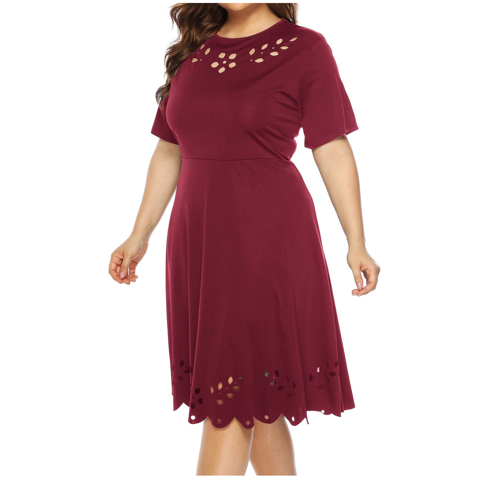 Plus Size Summer Dresses for Women - Casual Round Neck Short Sleeve Cutout Midi A-Line Dress in Solid Colors | Perfect for Beach Vacations, Date Nights & Office Wear