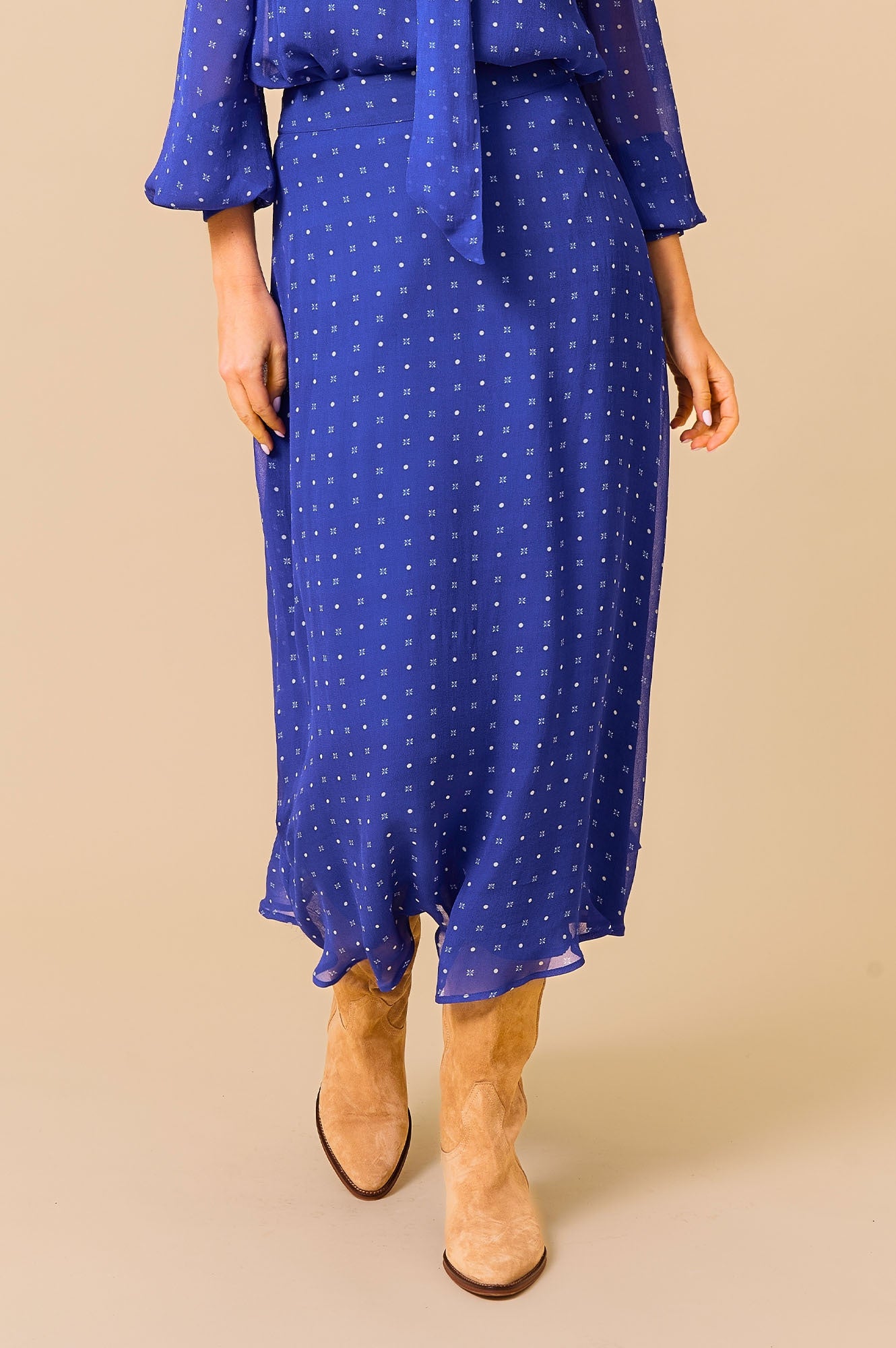 Kate Skirt - Polka Dot Cobalt & White Flared Midi Skirt for Women | Perfect for Office, Date Night & Summer Outfits