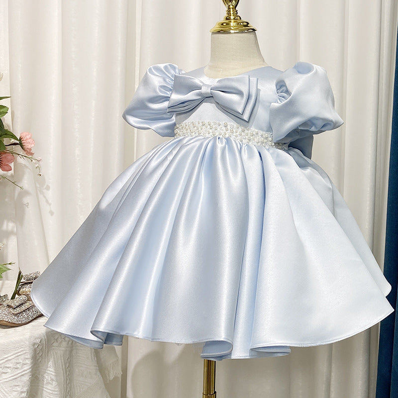 Elegant Blue Satin Flower Girl Dress with Lace & Puff Sleeves - Perfect for Weddings, Baptisms, and Special Occasions