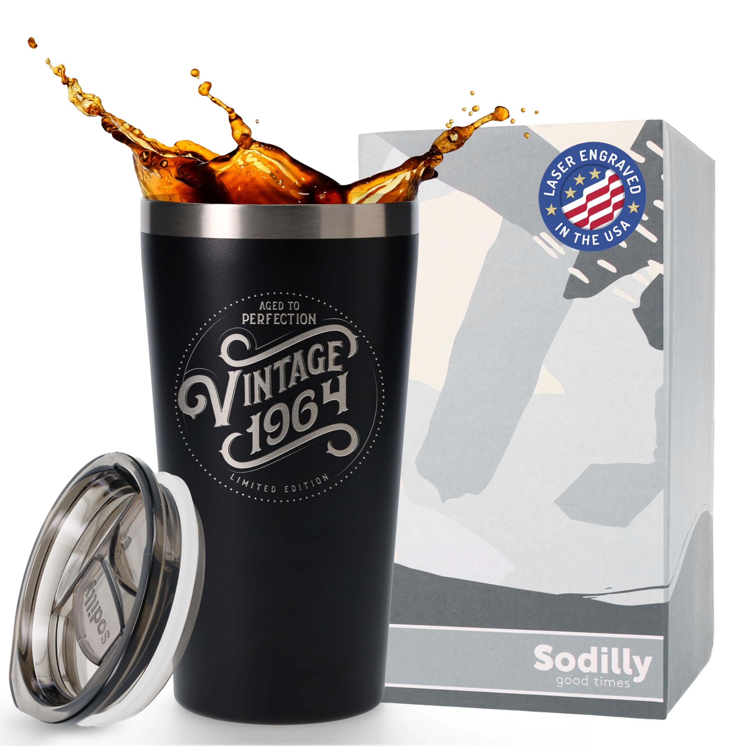 1964 Vintage Style 16 oz Black Coffee Tumbler with Lid - 60th Birthday Gifts for Men & Women - Insulated Travel Mug for Office, Home & Outdoor Use - Perfect 60 Year Old Gift Idea & Birthday Decoration