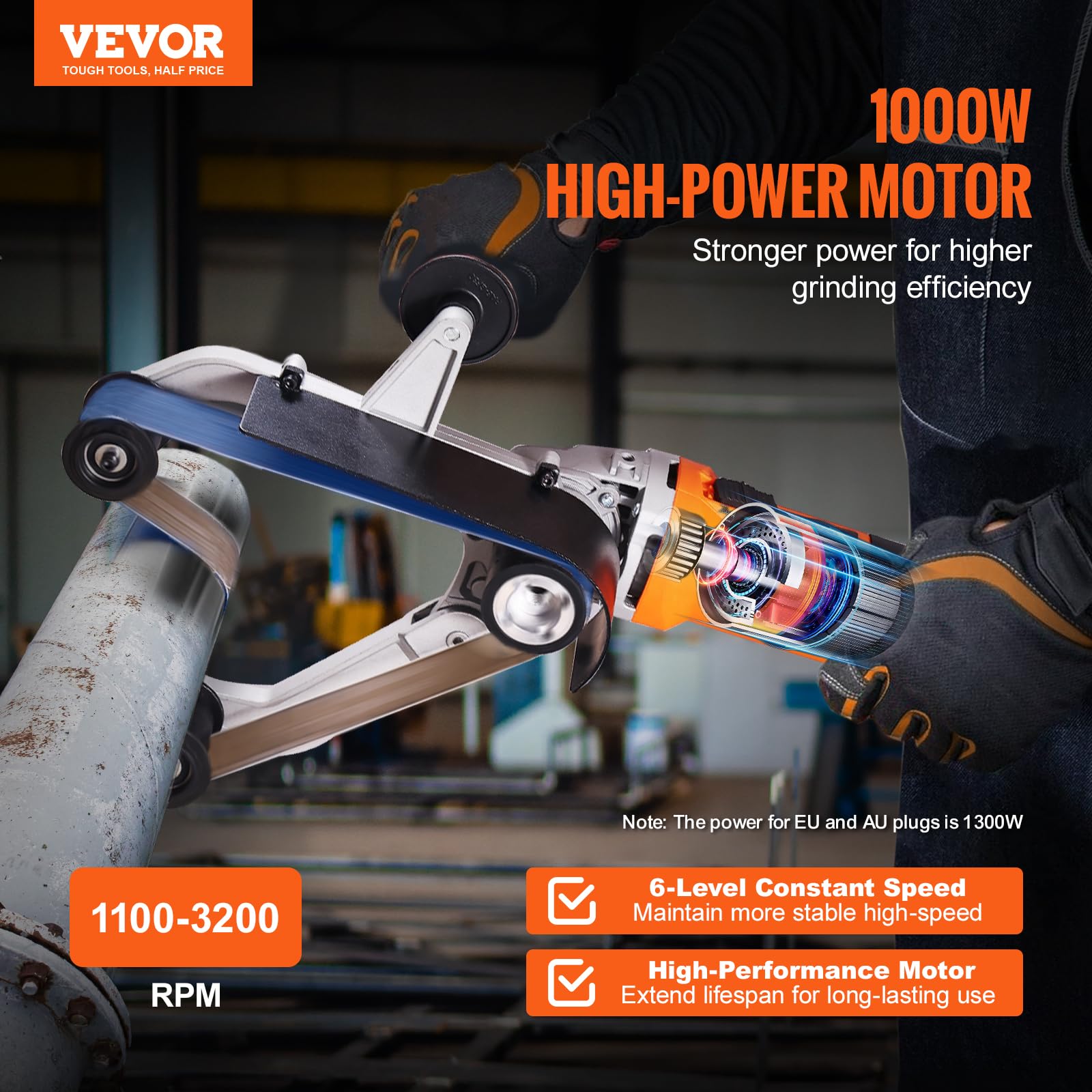 VEVOR 1000W Professional Pipe Tube Polisher & Belt Sander - 6 Adjustable Speeds (1100-3200 RPM) with 100 Sanding Belts for Metal Finishing, Rust Removal & Surface Burnishing - Ideal for DIY Projects, Metalworking & Industrial Applications