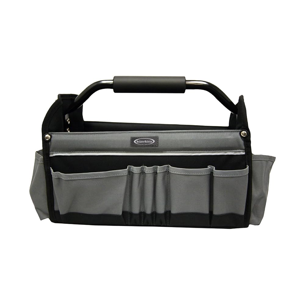 McGuire-Nicholas 15 Inch Collapsible Tool Tote Bag - Heavy Duty Grey & Black Tool Organizer for Electricians, Plumbers & DIY Projects - Portable Workshop Storage for Wrenches, Screwdrivers & Hand Tools