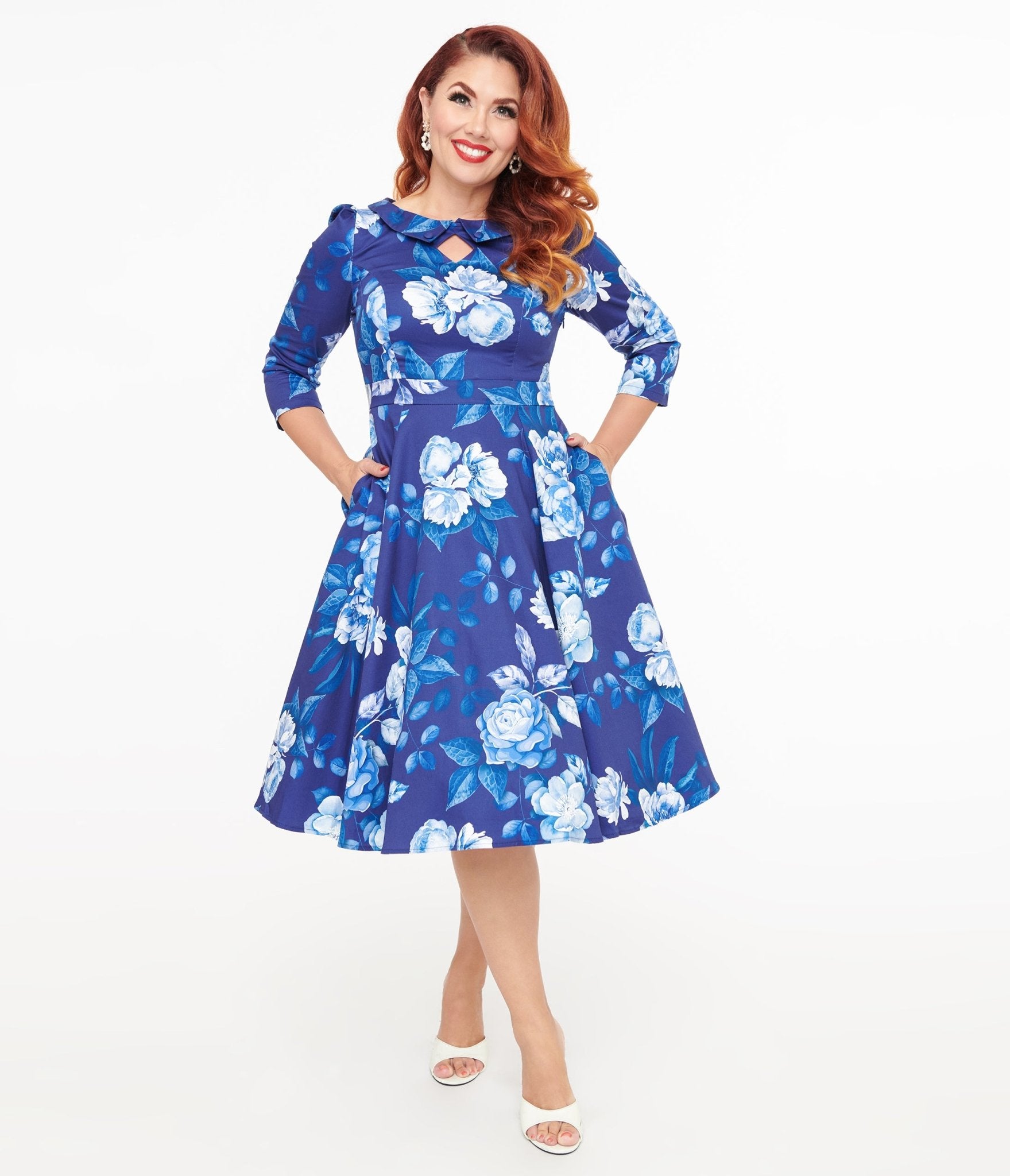Hearts & Roses Blue & White Floral Dafney Swing Dress - Women's Vintage Flowy Summer Dress for Casual Outings, Beach Vacations & Date Nights