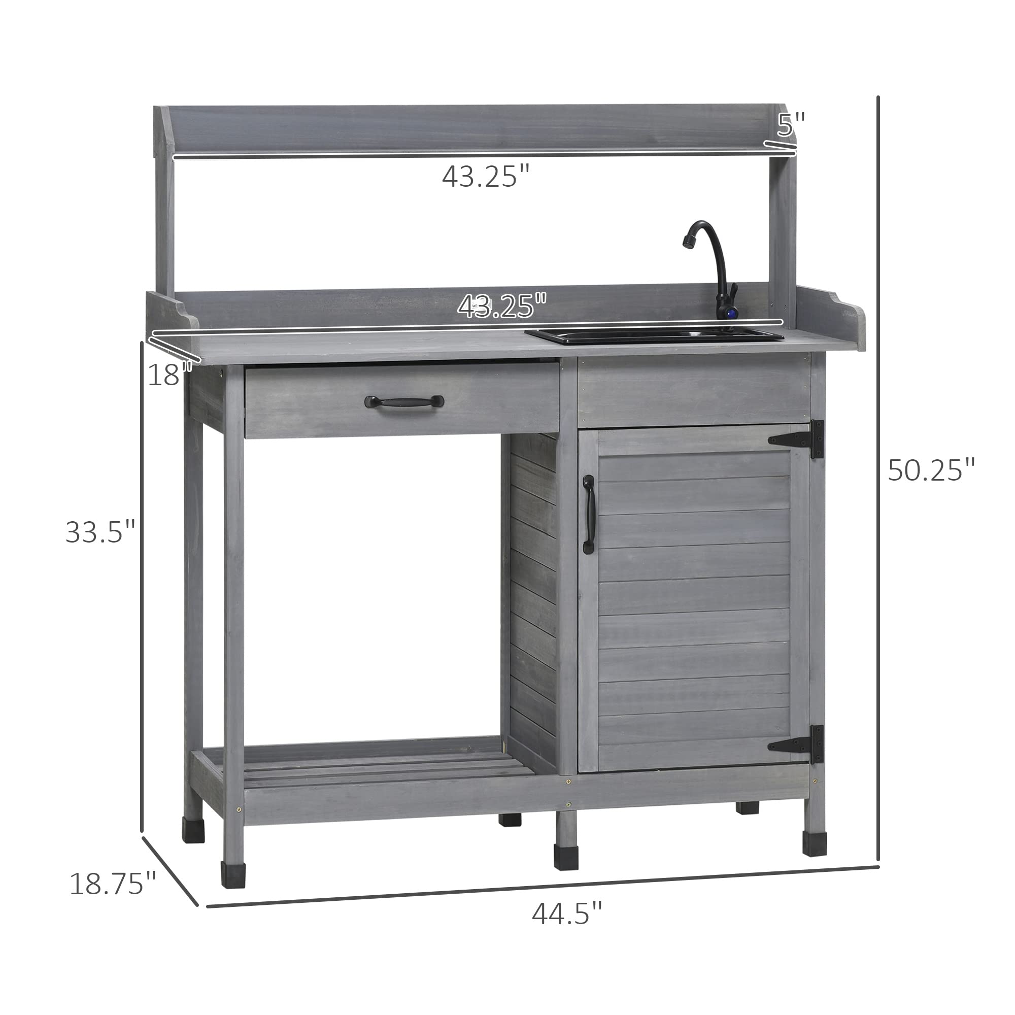 Outsunny Potting Bench with Sink & Storage | Heavy Duty Outdoor Work Table with Cabinet, Hooks, Removable Sink & Faucet | Perfect for Gardening, Greenhouse, Patio & Backyard Organizing | Gray