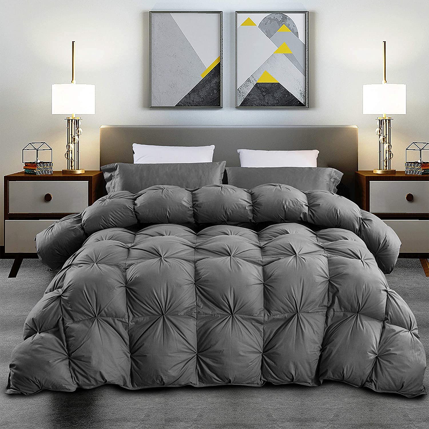Premium 100% Egyptian Cotton Goose Down Comforter - Heavyweight 95 oz Fill, Baffle Box Design, Luxurious Pinch Pleat in Elegant Gray - Oversized King 120