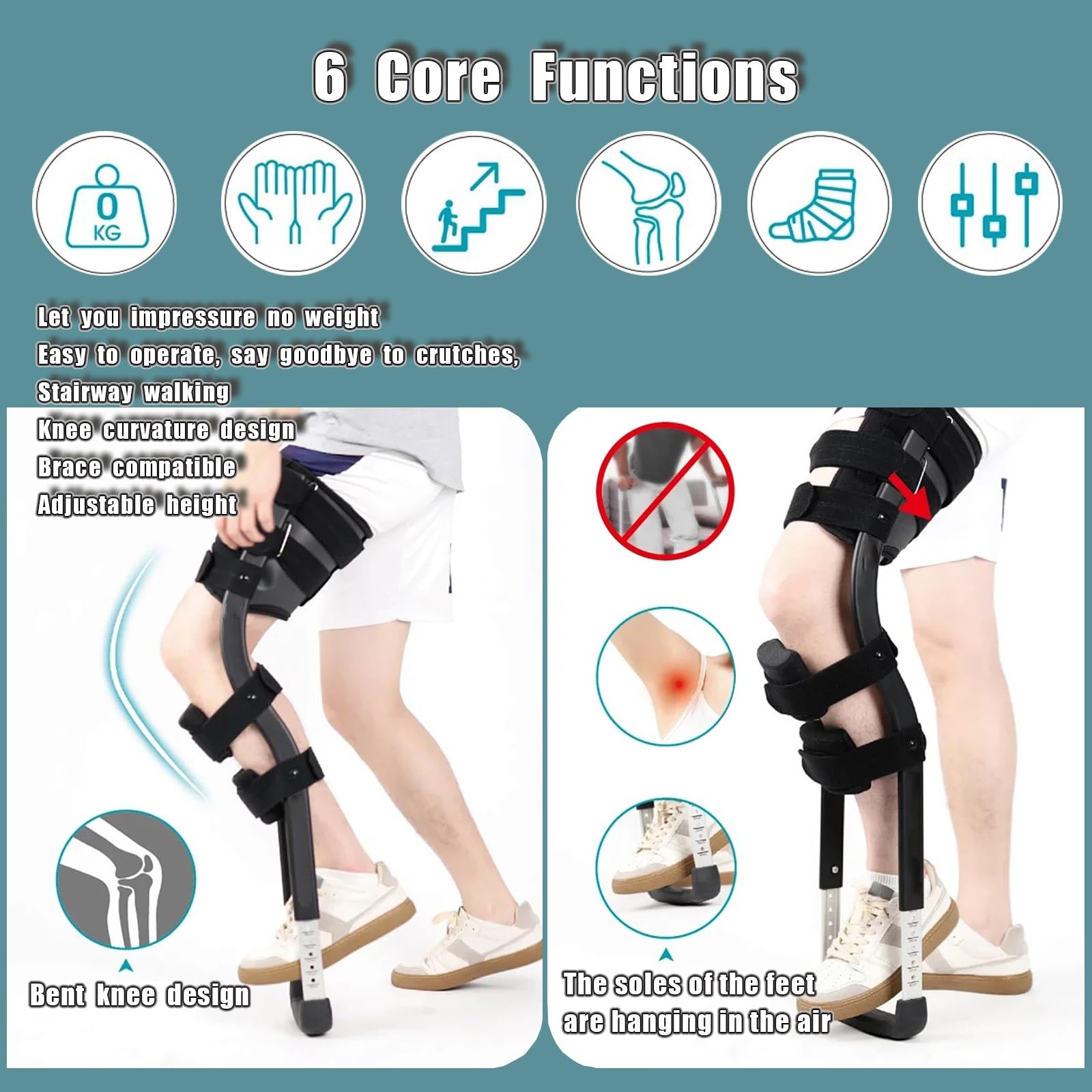 **Hands Free Knee Crutches for Adults - Adjustable Height, Anti-Slip Leg Support for Walking, Injury Recovery, Ankle Fracture & Plantar Fasciitis Relief - Ideal for Mobility Assistance & Post-Surgery Rehabilitation**