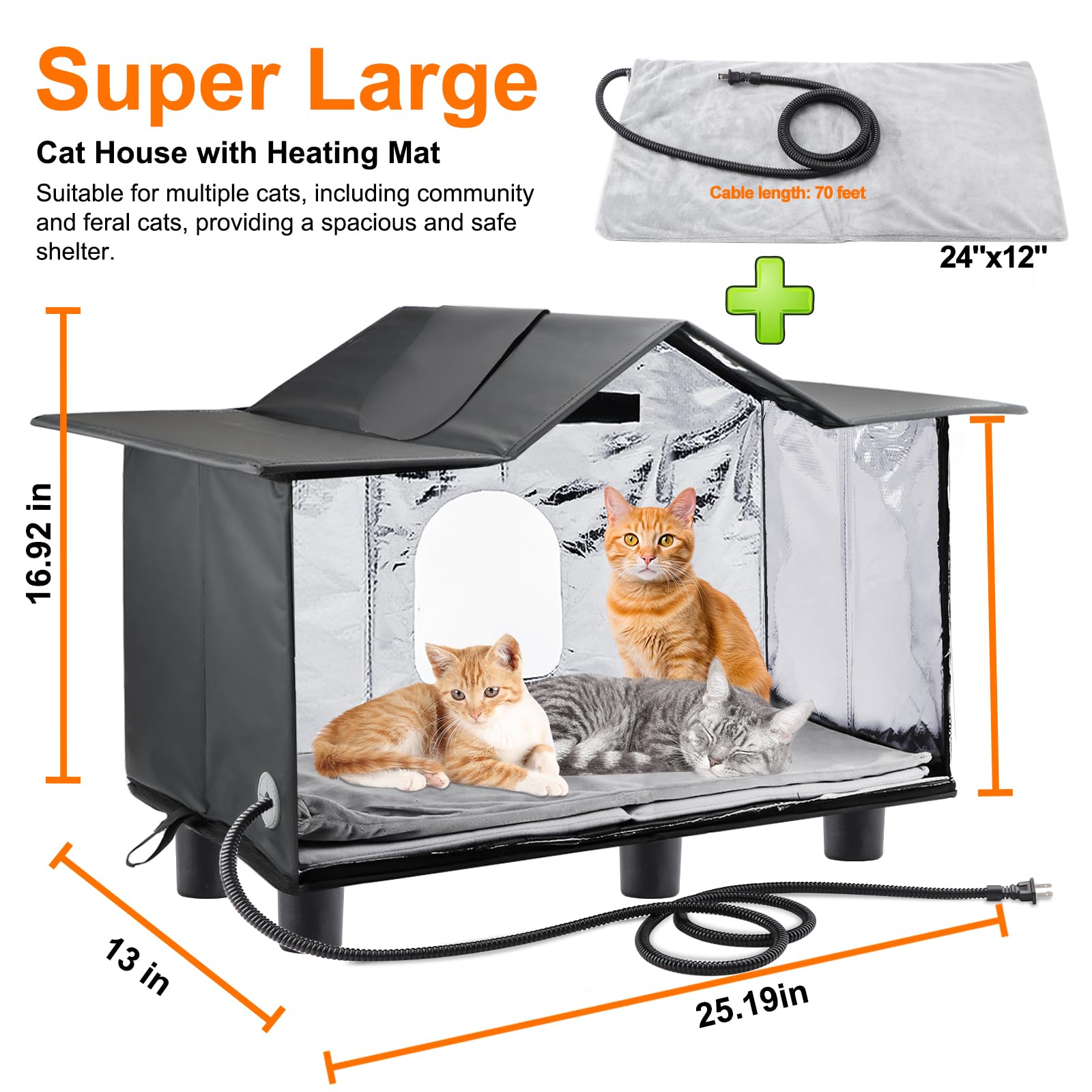 Texsens Heated Cat House for Outdoor Stray & Feral Cats - Weatherproof Large Insulated Shelter with Roof Window, Elevated Design & Cozy Cushion - Waterproof Winter Cat House for Barn, Porch & Backyard Use