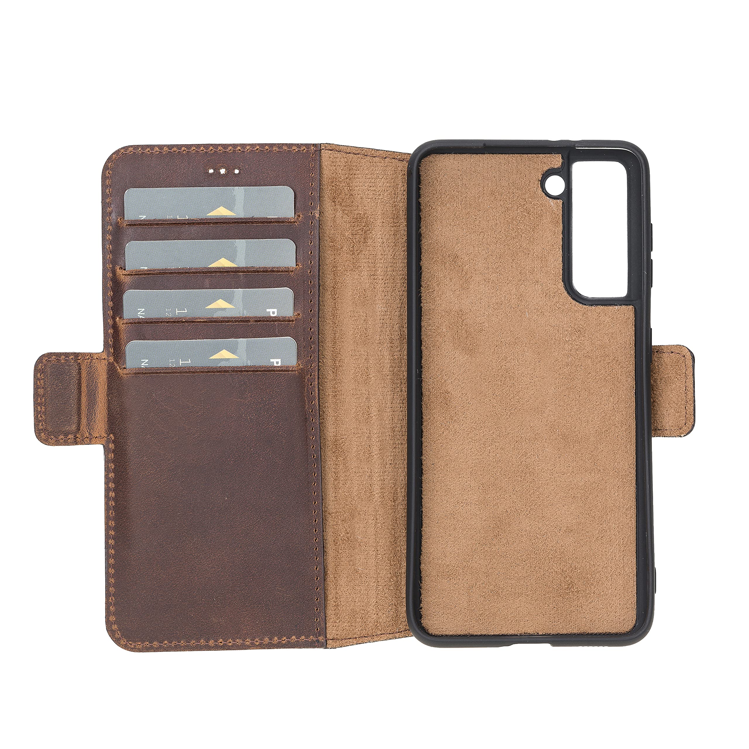 Premium Full Grain Leather Samsung Galaxy S21 Wallet Case - Magnetic Flip Cover with Card Holder & Kickstand | Slim Protective Folio Phone Case for Men & Women | Perfect for Work, Travel & Everyday Use (Antique Brown)
