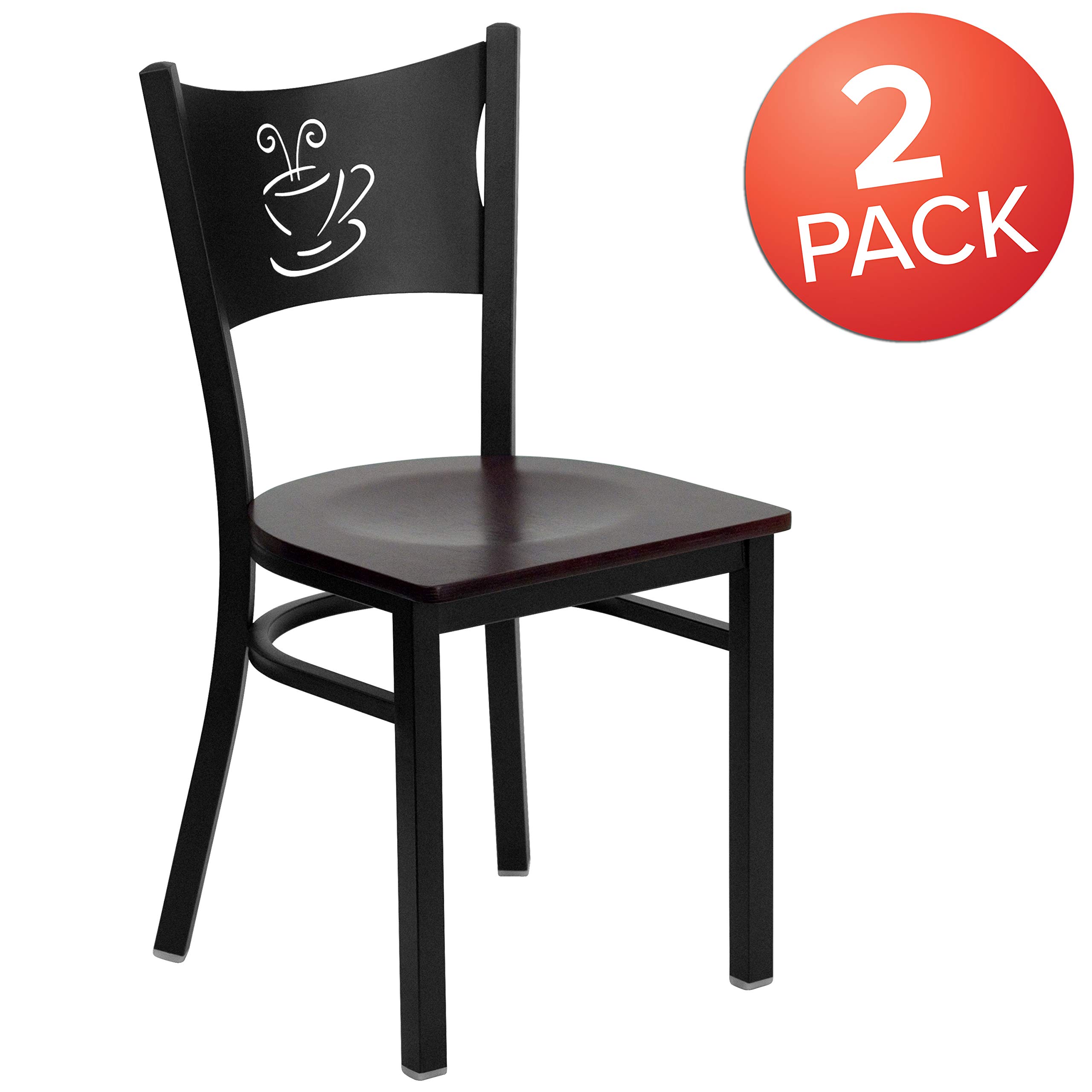 2 Pack Black Metal Coffee Shop Chairs with Mahogany Wood Seats - Durable Restaurant & Cafe Furniture for Indoor & Outdoor Dining Areas