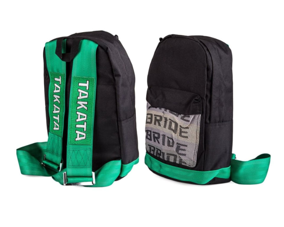 JDM Racing Backpack with Green Racing Harness - Adjustable Shoulder Straps for Car Enthusiasts | Perfect for Track Days, Auto Shows & Street Racing Events