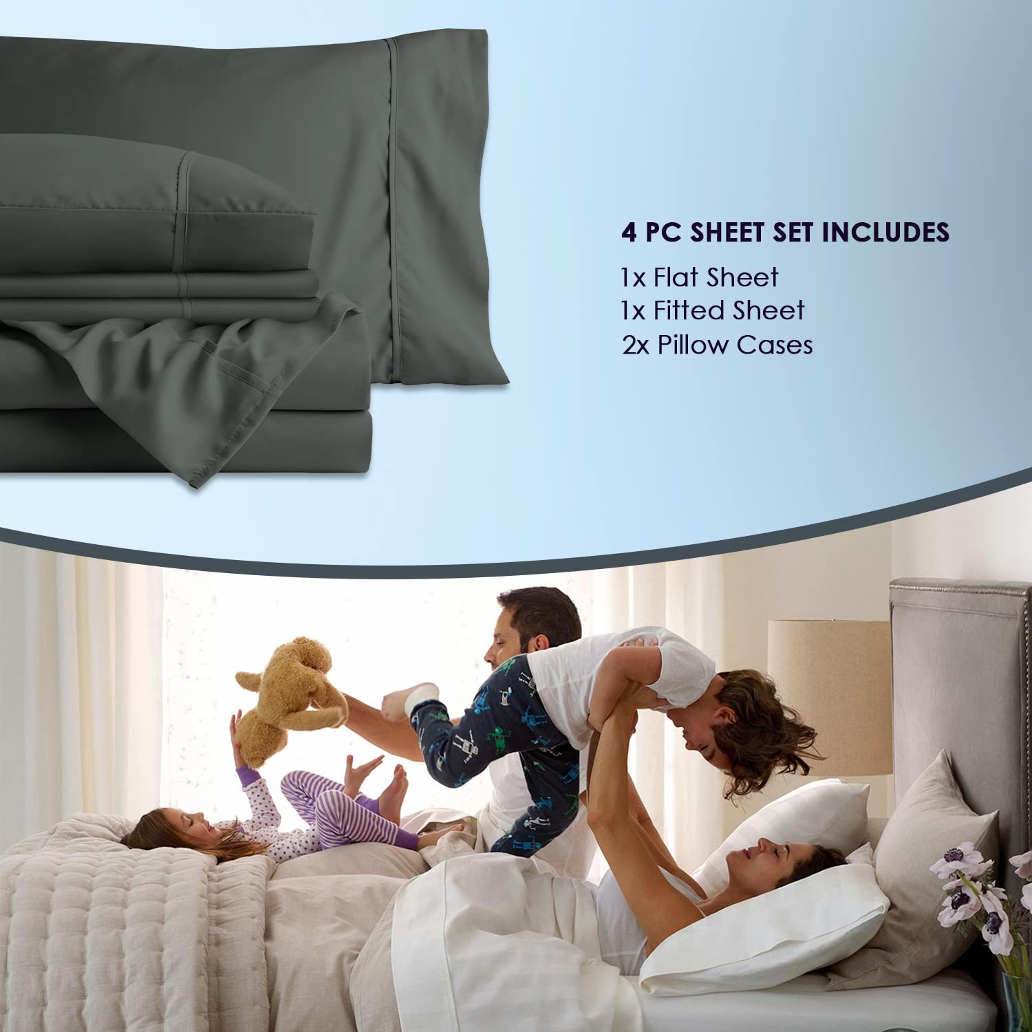 Pizuna Pure 100% Luxury Cotton Full Size Bed Sheets Set - 1000 Thread Count Long Staple Cotton Sateen, Deep Pocket Fits 15
