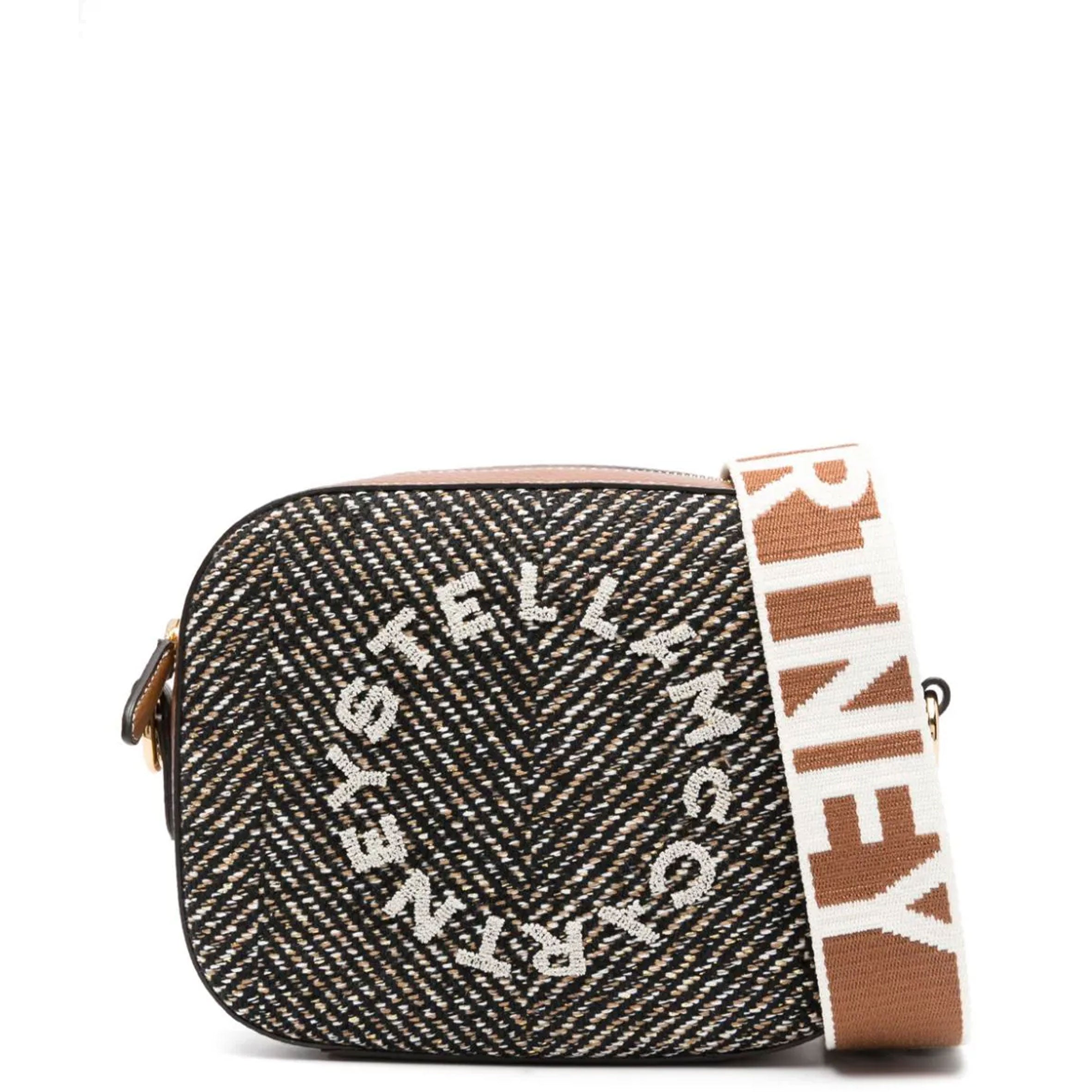 Stella Logo Camera Bag in Herringbone Pattern - Black/Pecan Crossbody Purse for Women | Perfect for Travel, Photography & Everyday Use