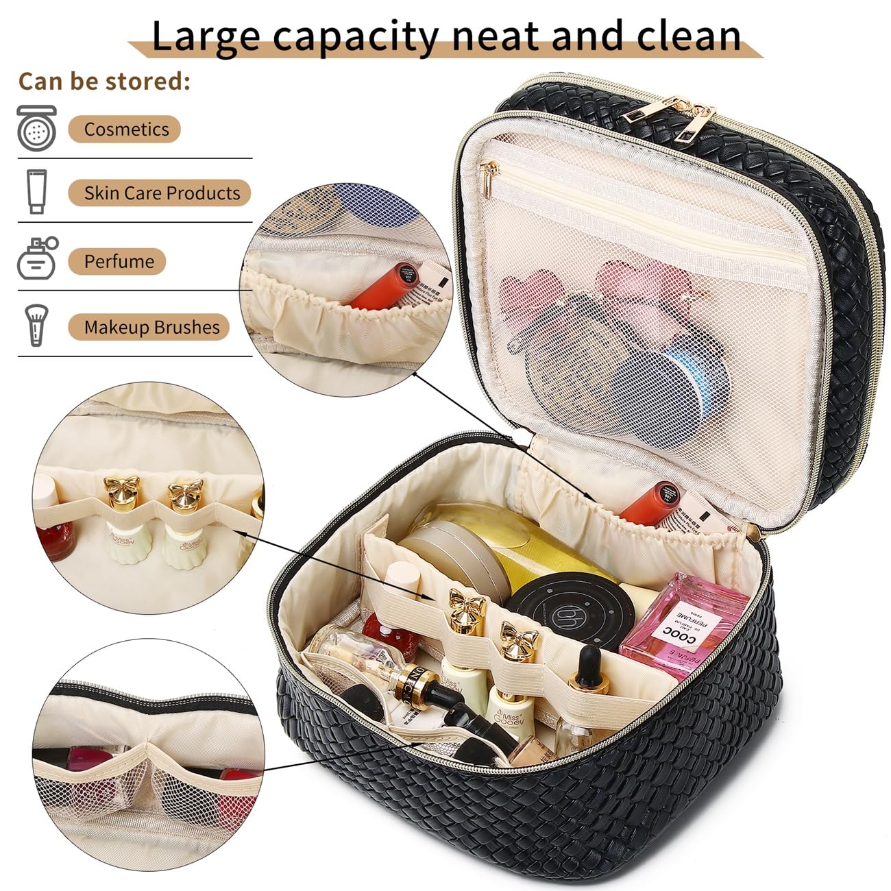 Waterproof Double Layer Travel Makeup Bag for Women with Jewelry Organizer - Large Portable Cosmetic & Toiletry Storage Box (Black) - Perfect for Vacation, Business Trips & Daily Organization