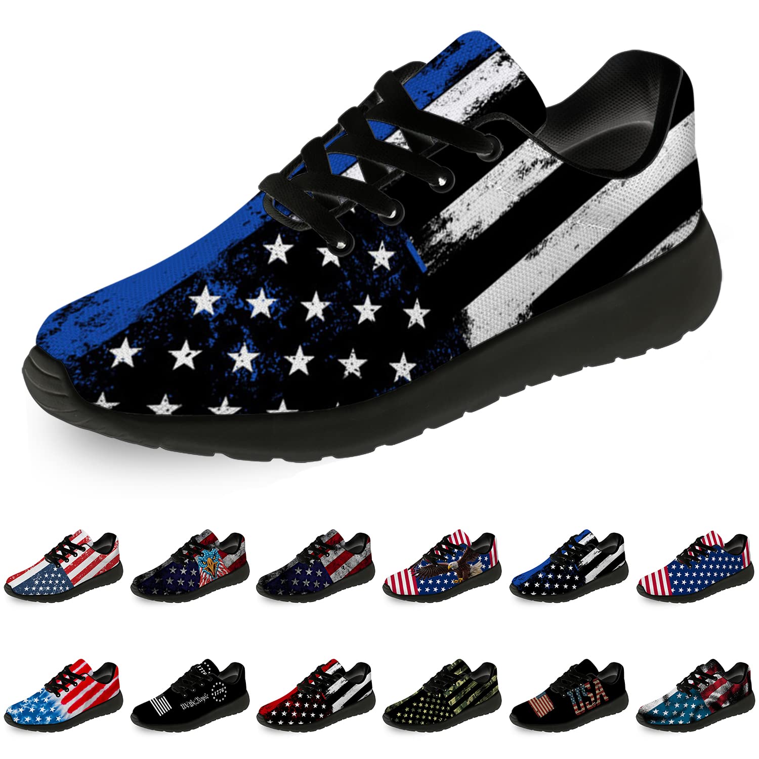 Thin Blue Line Running Shoes for Men & Women - Lightweight Walking & Tennis Sneakers with American Flag Design - Honor Duty Courage - Size 9.5 Men/11 Women Black - Perfect Gifts for Police Supporters & First Responders - Ideal for Jogging, Gym Workouts & Casual Wear
