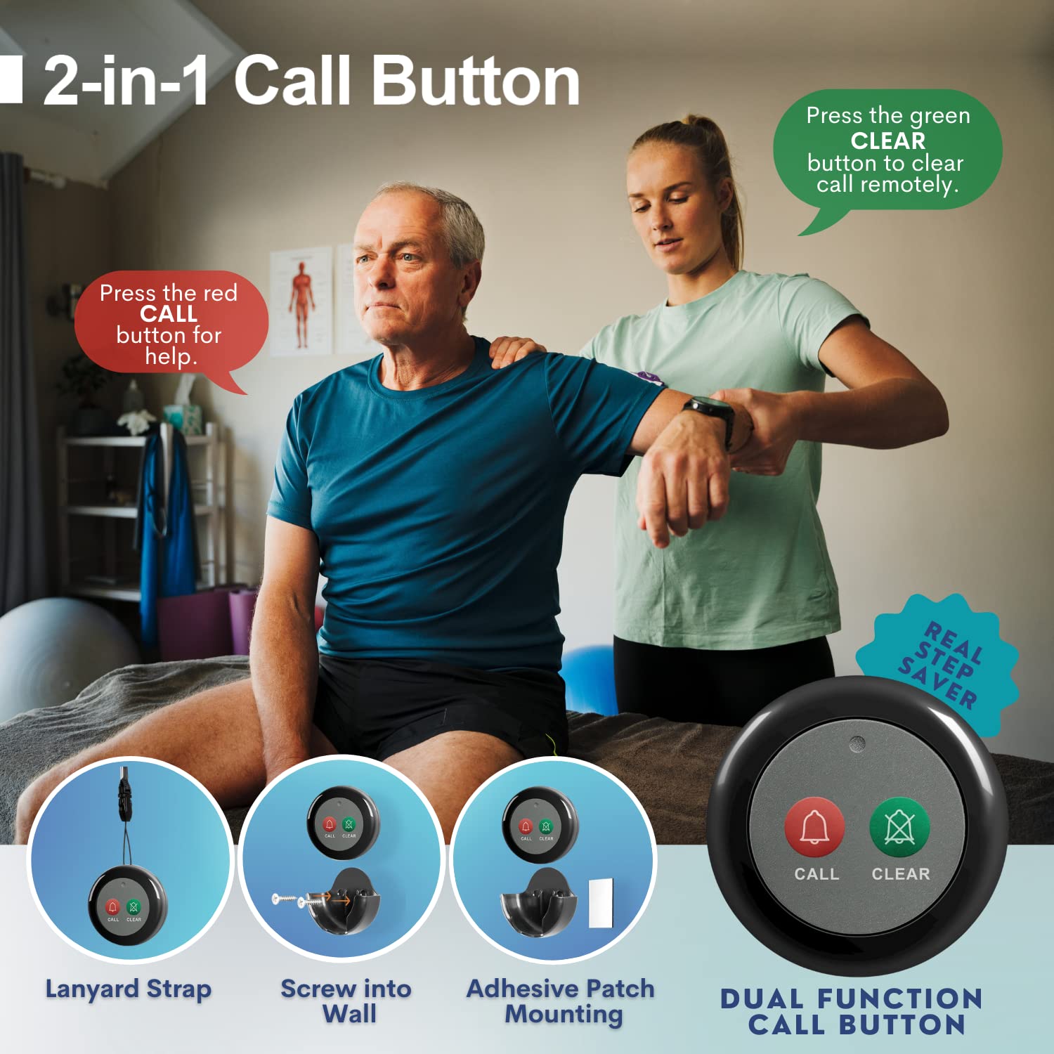 Dual Function Wireless Call Buttons - 2 Pack Black Caregiver Pager for Nursing Homes, Clinics & Restaurants | Portable Wireless Call System with Clear Alert | Ideal for Elderly Care, Patient Assistance & Food Service Staff