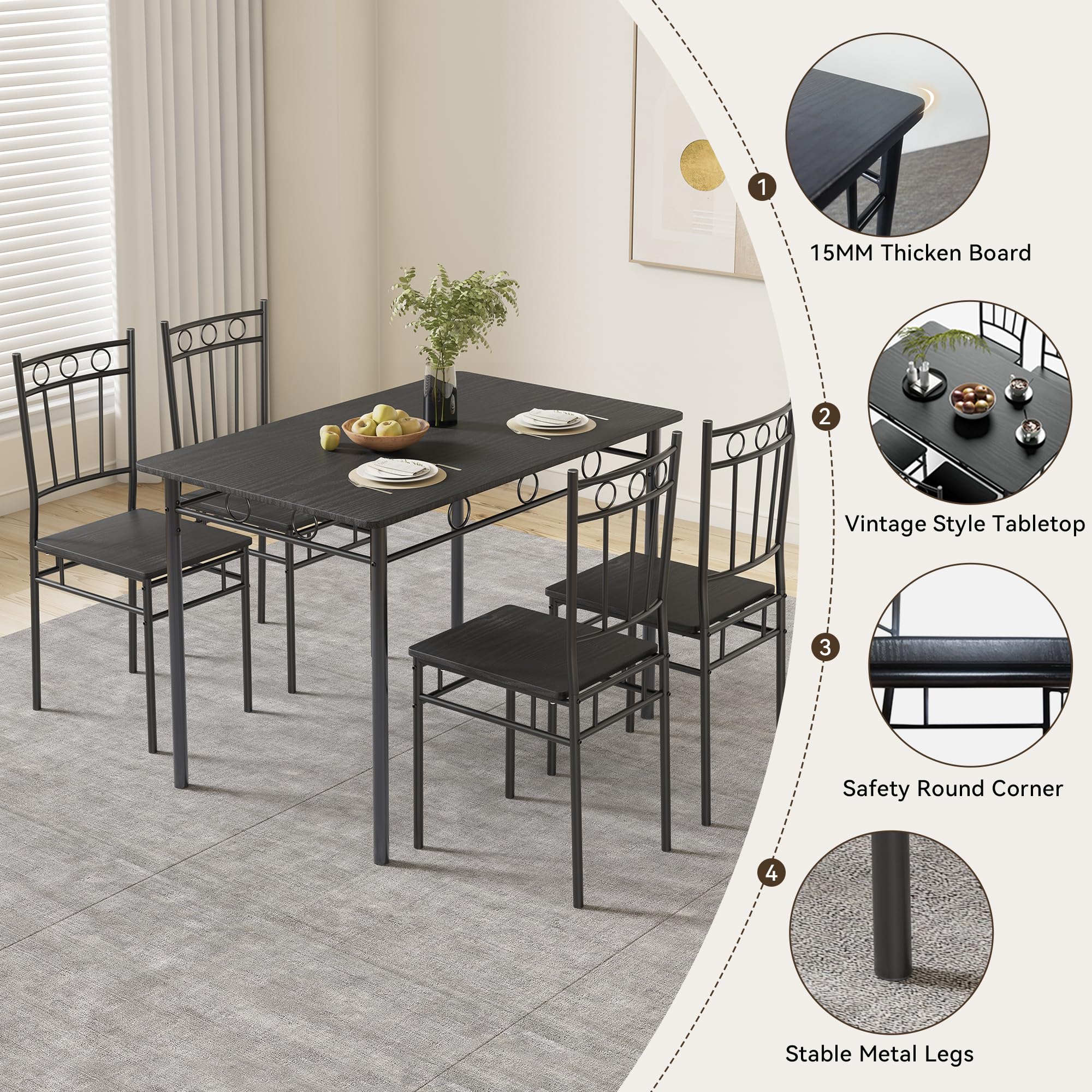 5-Piece Retro Black Dining Table Set for 4 - Rectangular Kitchen Table with 4 Chairs - Space-Saving Apartment Furniture for Small Spaces, Dinettes & Compact Homes - Perfect for Breakfast Nooks, Studio Apartments & Cozy Dining Areas