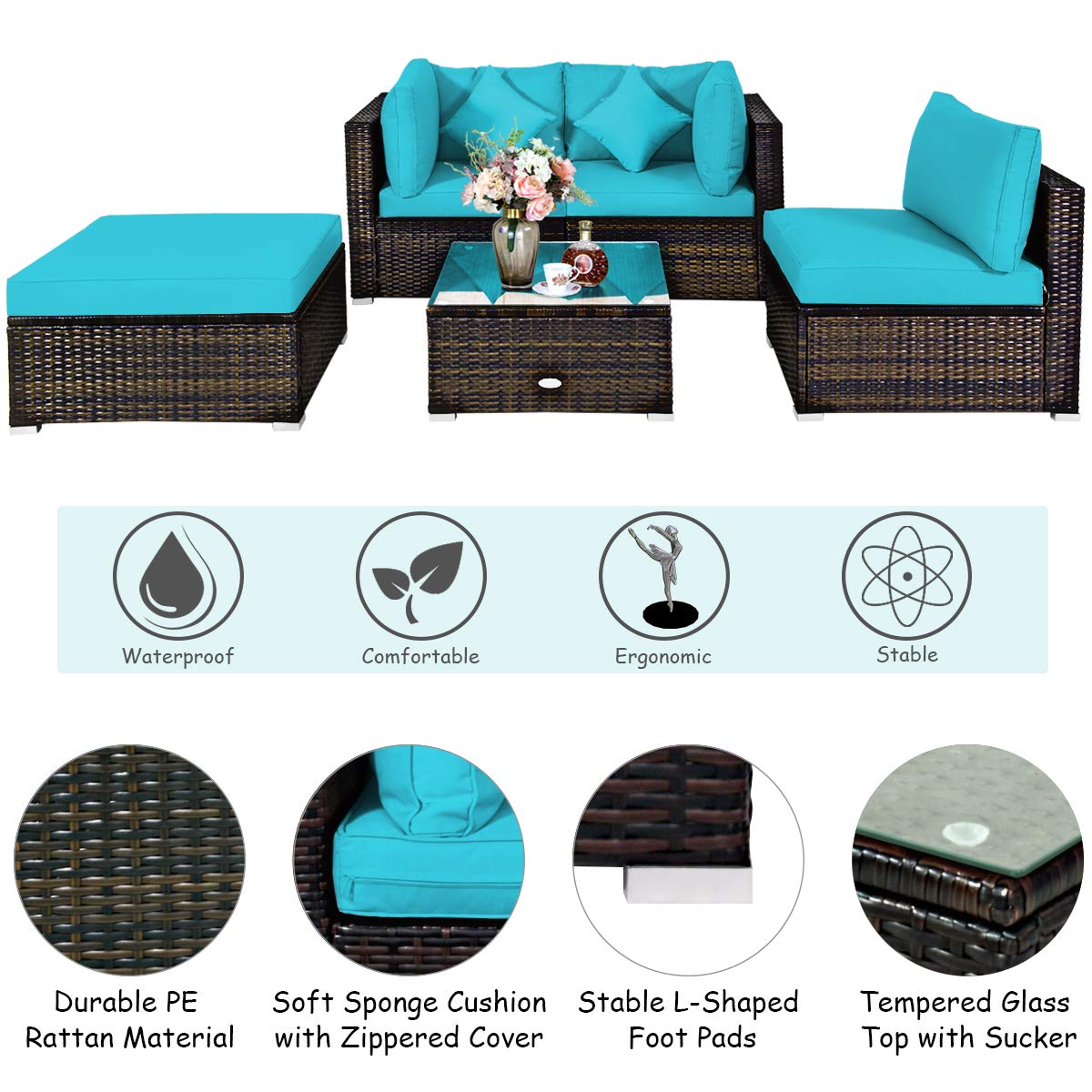 Tangkula 5-Piece Outdoor Patio Furniture Set - All-Weather Wicker Sectional Sofa with Cushions & Glass Table - Turquoise Rattan Conversation Set for Backyard, Porch, Poolside & Garden Relaxation