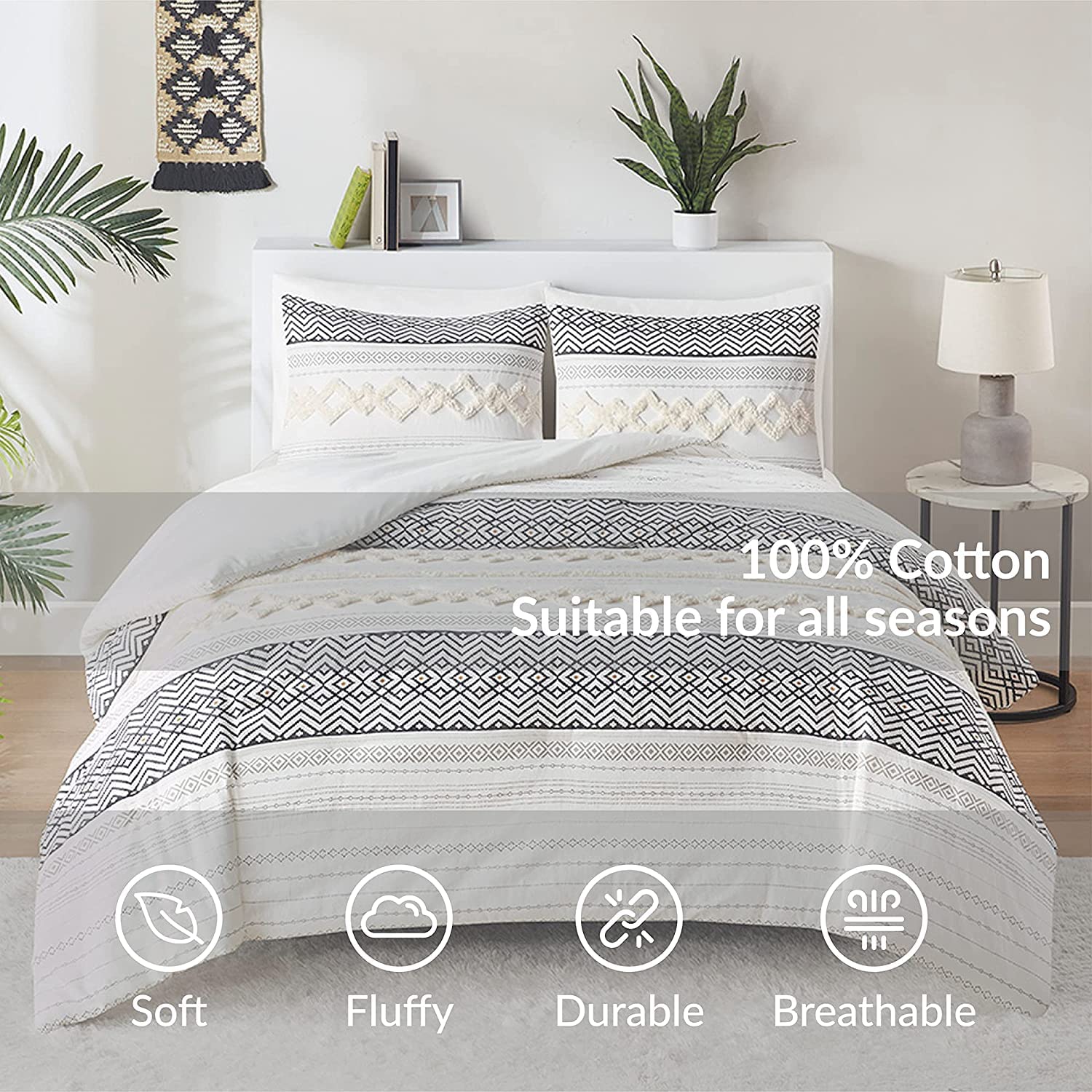 Hyde Lane Farmhouse King Size Comforter Set - Ivory Boho Bedding, 100% Cotton Top with Modern Neutral Jacquard Stripes, 3-Piece Includes Pillow Shams (104x90 Inches) | Cozy Farmhouse Bedroom Decor for Master Bedroom & Guest Room
