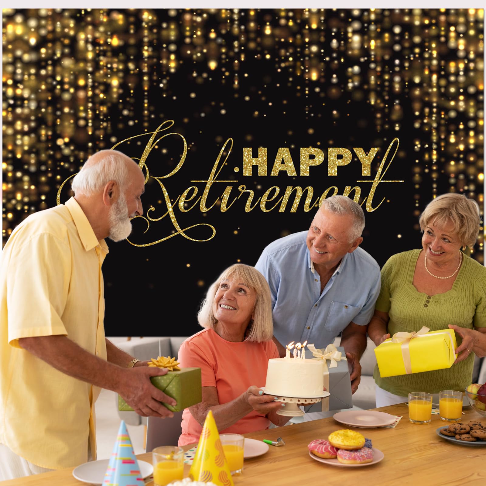 Happy Retirement Backdrop 7x5ft Black & Gold for Party Decor