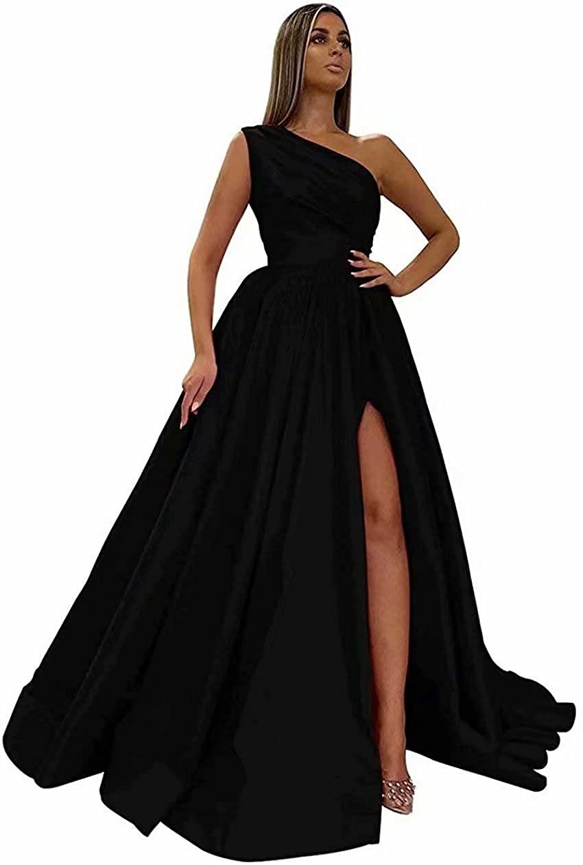 Elegant One Shoulder Bridesmaid Dress - Satin A-Line Prom Gown with High Slit for Women | Formal Evening Party, Wedding, Homecoming, Cocktail Events