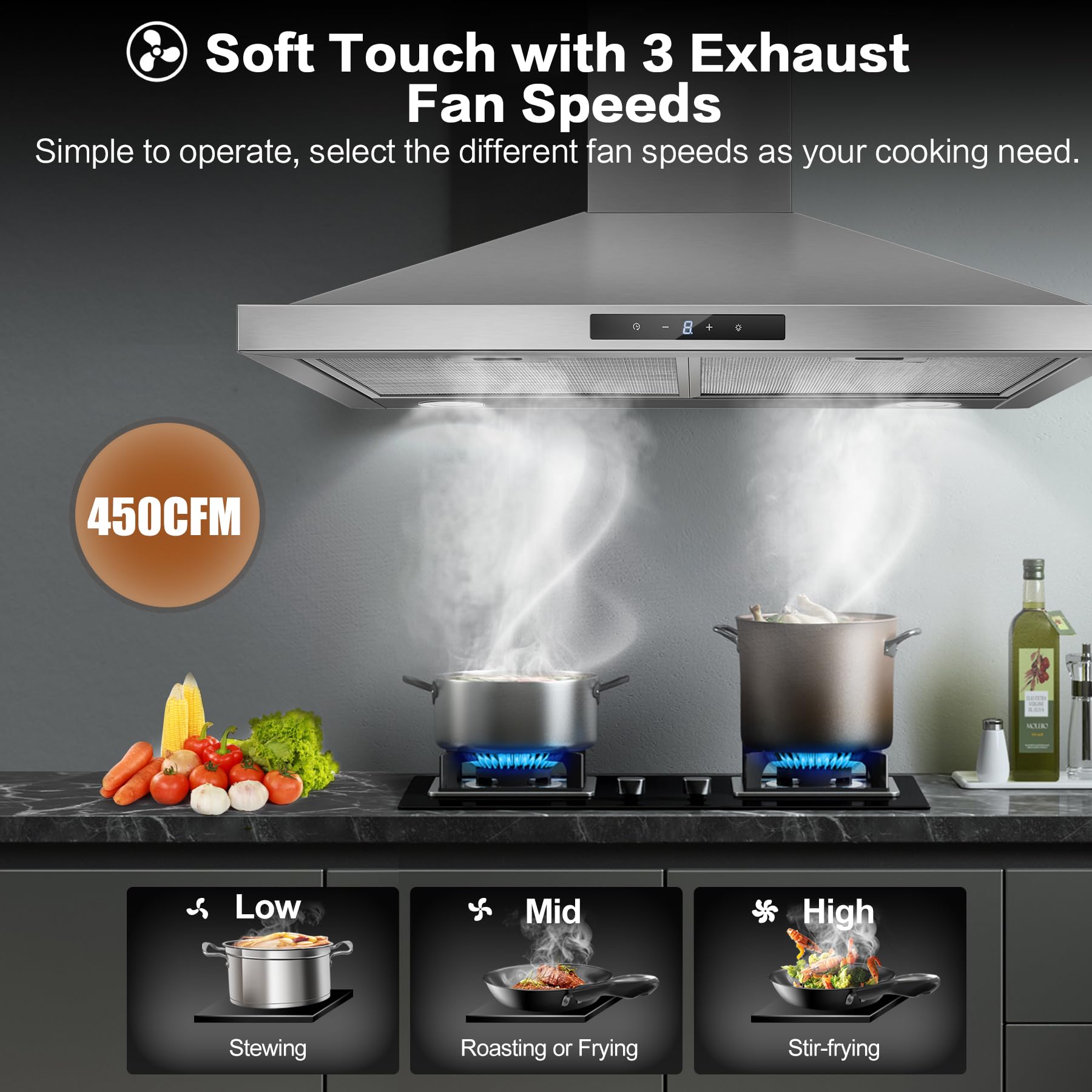 30 Inch Stainless Steel Range Hood - Wall Mount Kitchen Vent Hood with 3 Speed Settings, Touch Control, 5-Layer Mesh Filters & LED Lights | Ducted/Ductless Convertible for Home, Restaurant & Commercial Kitchen Use