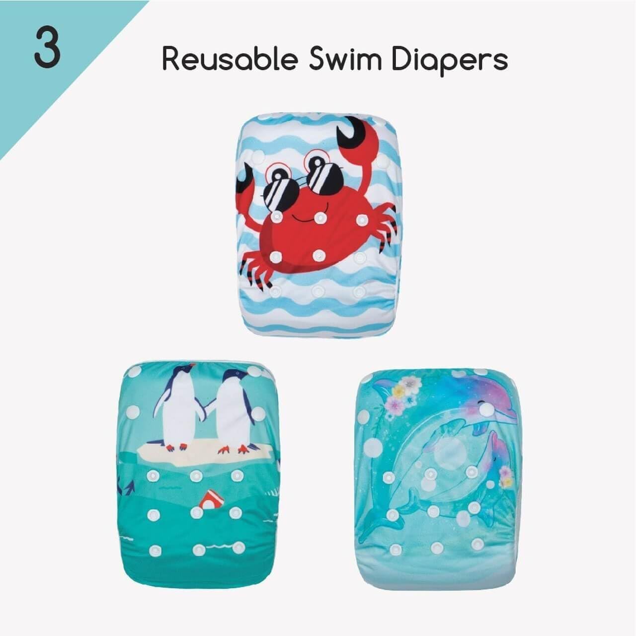 Kawaii Baby Swim Cloth Diaper - Reusable Unisex Adjustable Swim Diaper for 10-40 lbs (3-Pack) | Perfect for Beach, Pool & Swimming Lessons | Soft, Comfortable & Eco-Friendly