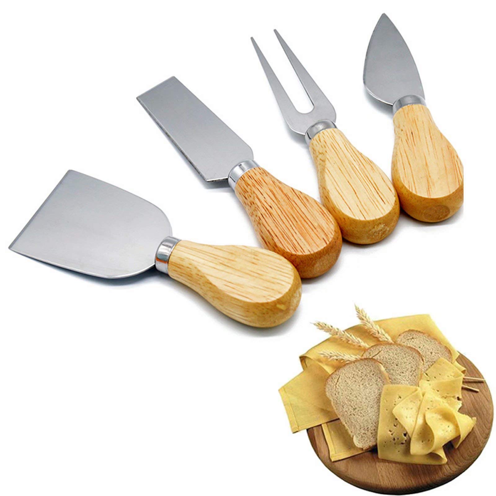 4-Piece Stainless Steel Cheese Knife Set with Bamboo Handle - Perfect for Soft & Hard Cheeses, Charcuterie Boards, Pizza, Cakes - Ideal Gift Set for Cheese Lovers & Entertaining