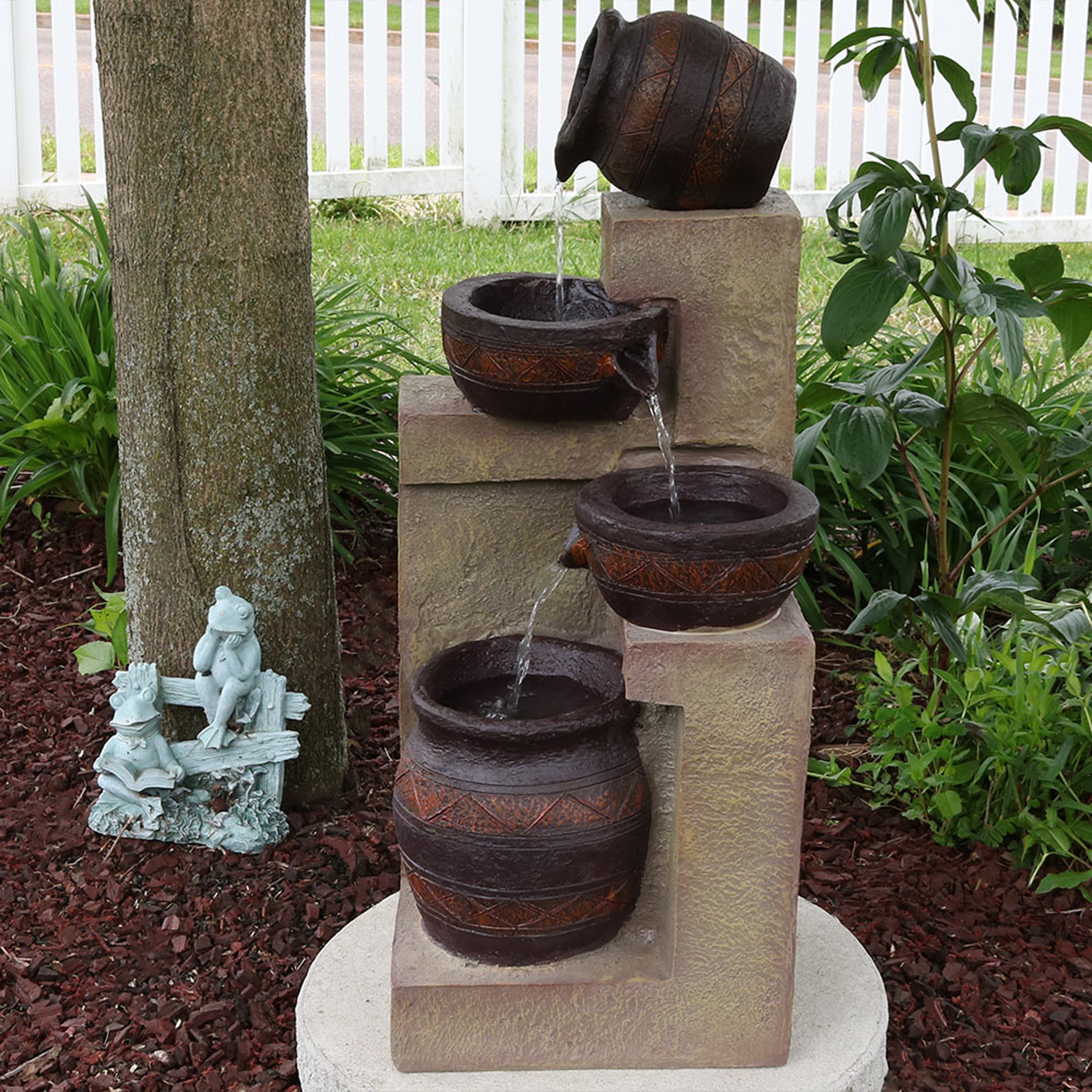 Sunnydaze Cascading Terra Bowls Solar Fountain with Battery Backup - Outdoor Garden Water Feature for Patio, Yard & Landscaping