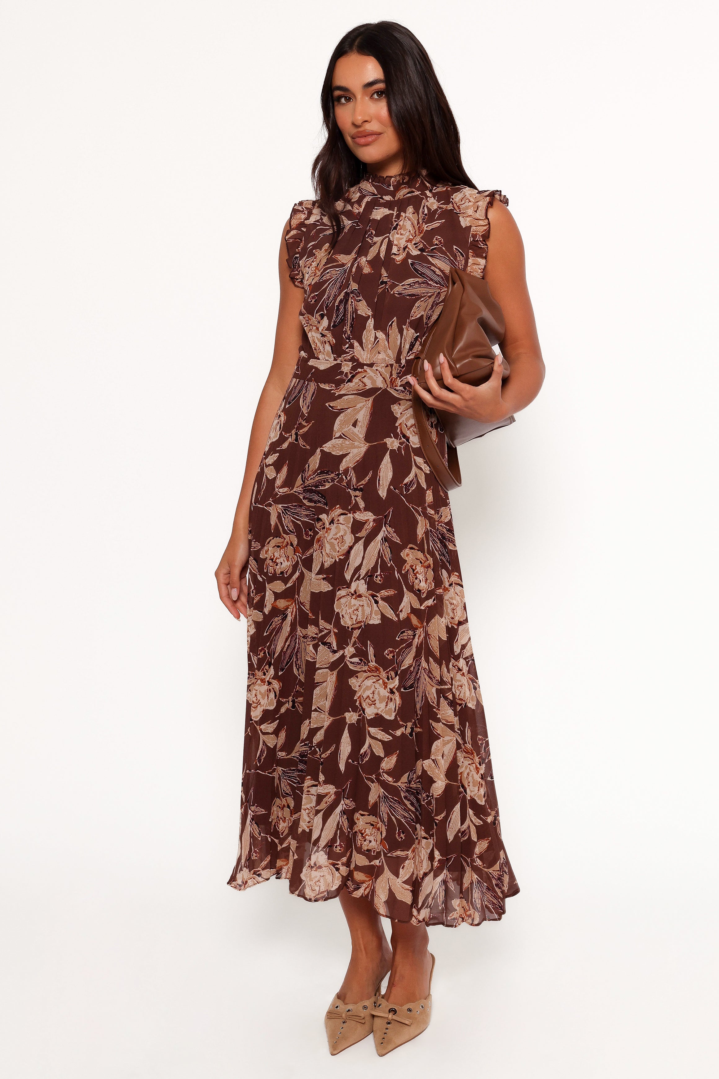 Delphine Maxi Dress - Brown Floral Print Long Boho Dress for Women | Beach Wedding, Vacation & Summer Outfit
