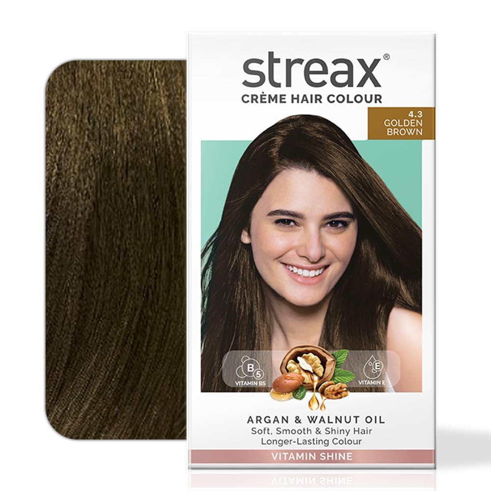 Streax Cream Hair Color for Women & Men - 4.3 Golden Brown with Walnut & Argan Oil | Long Lasting, Shiny & Smooth Hair Dye | 60g Color + 60ml Developer + 20g Conditioner Kit | Perfect for Home Hair Coloring & Salon-Quality Results