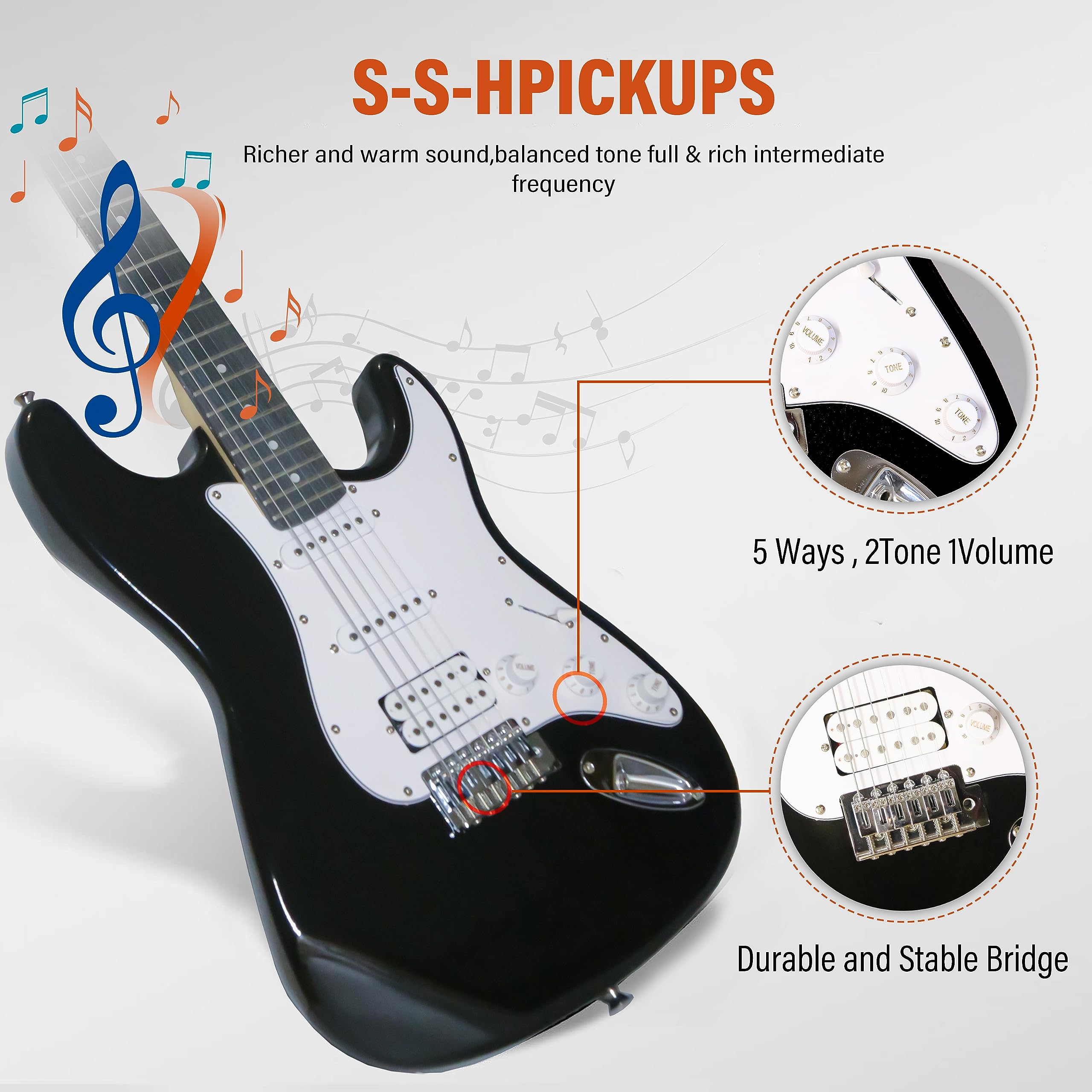 **Ermik Solid Body Electric Guitar Kit with 20W Amp, HSS Pickups, Strings, Strap, Digital Tuner, Picks, Gig Bag, Cable & Tremolo Bar – 39