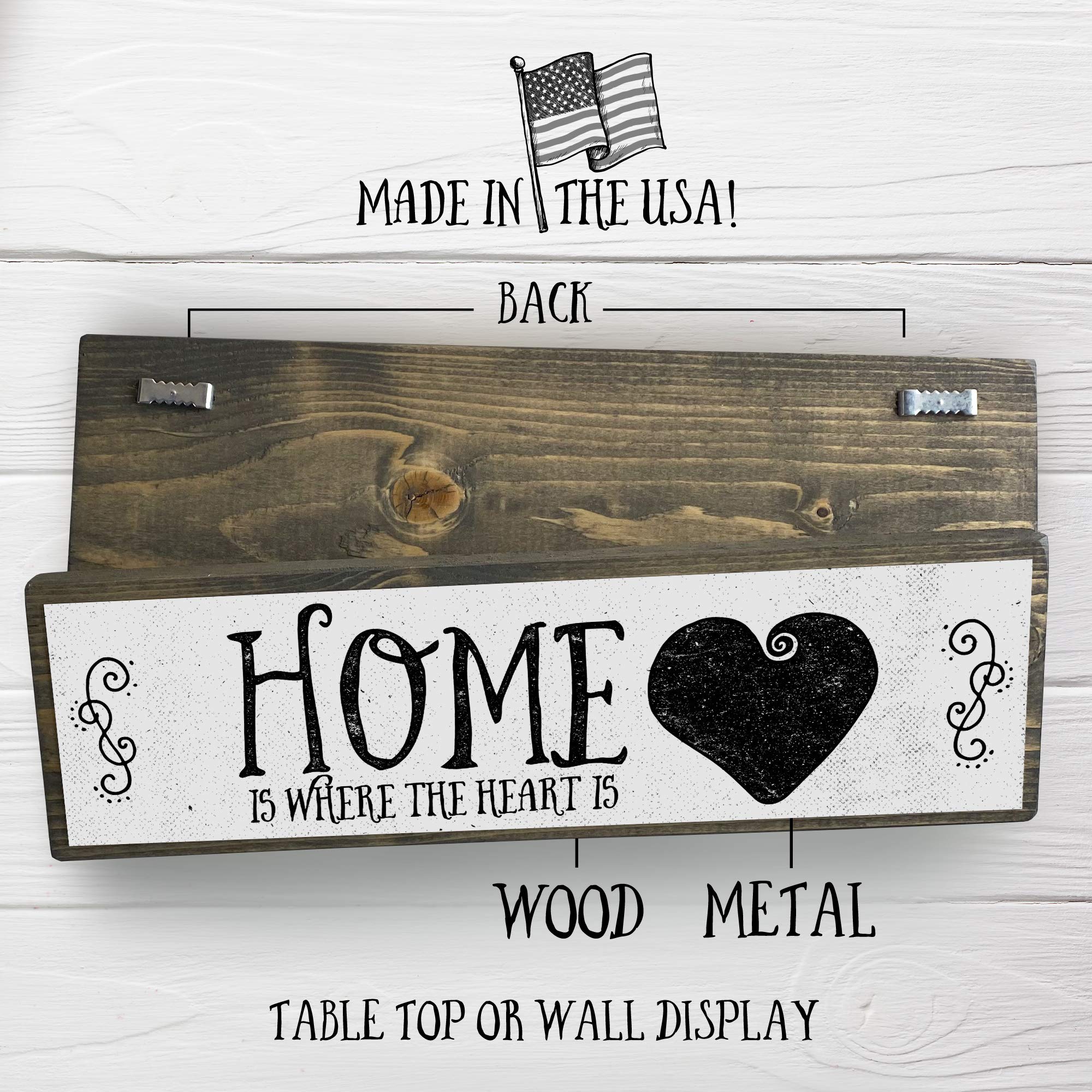 Rustic Home Wood Signs - Medium Size with Wood & Metal Design - 'Home Is Where The Heart Is' Wall Decor for Farmhouse, Living Room & Entryway