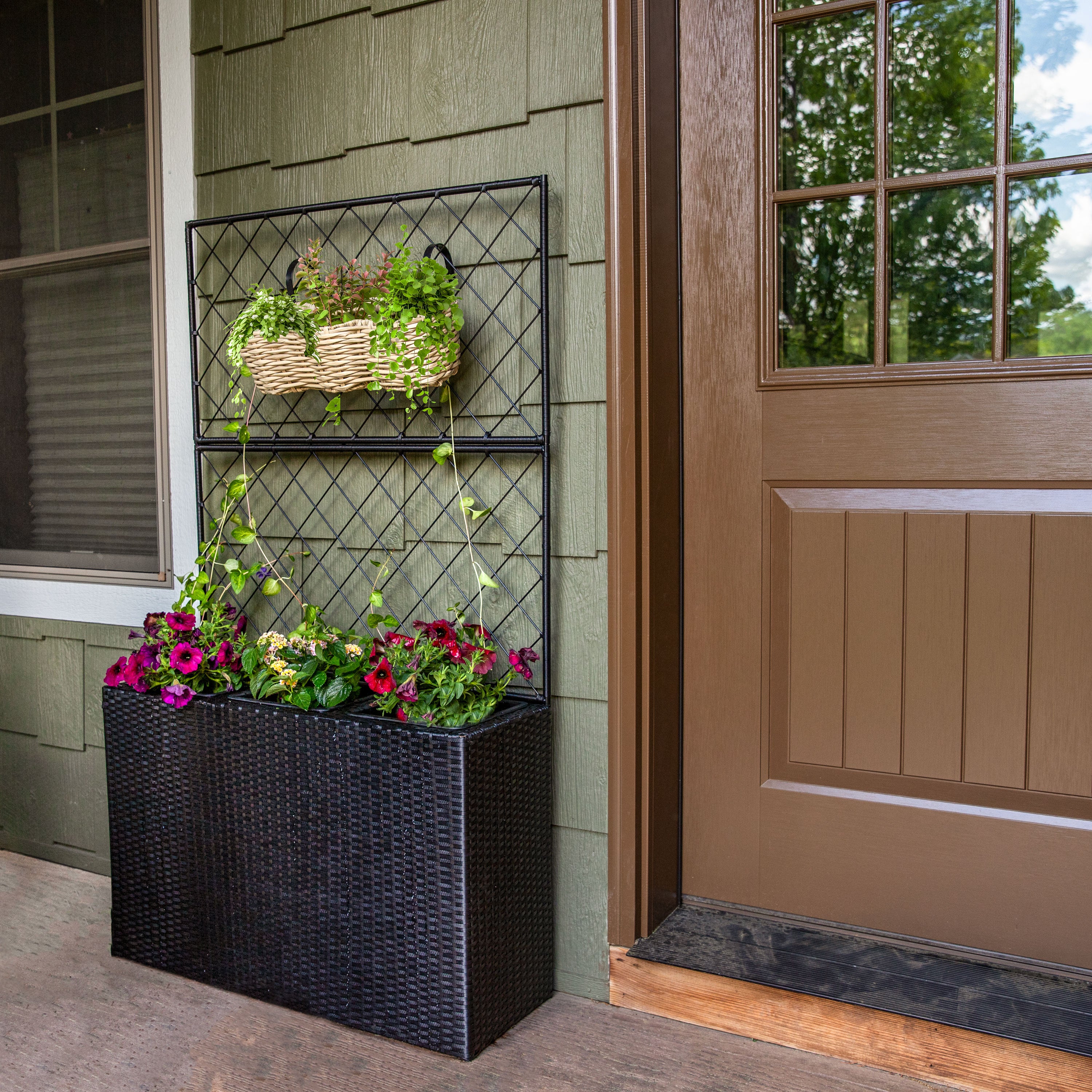 Sunnydaze 3-Section Black Wicker Planter Box for Indoor Outdoor Garden, Patio, Balcony Decor - Perfect for Flowers, Herbs, and Plants