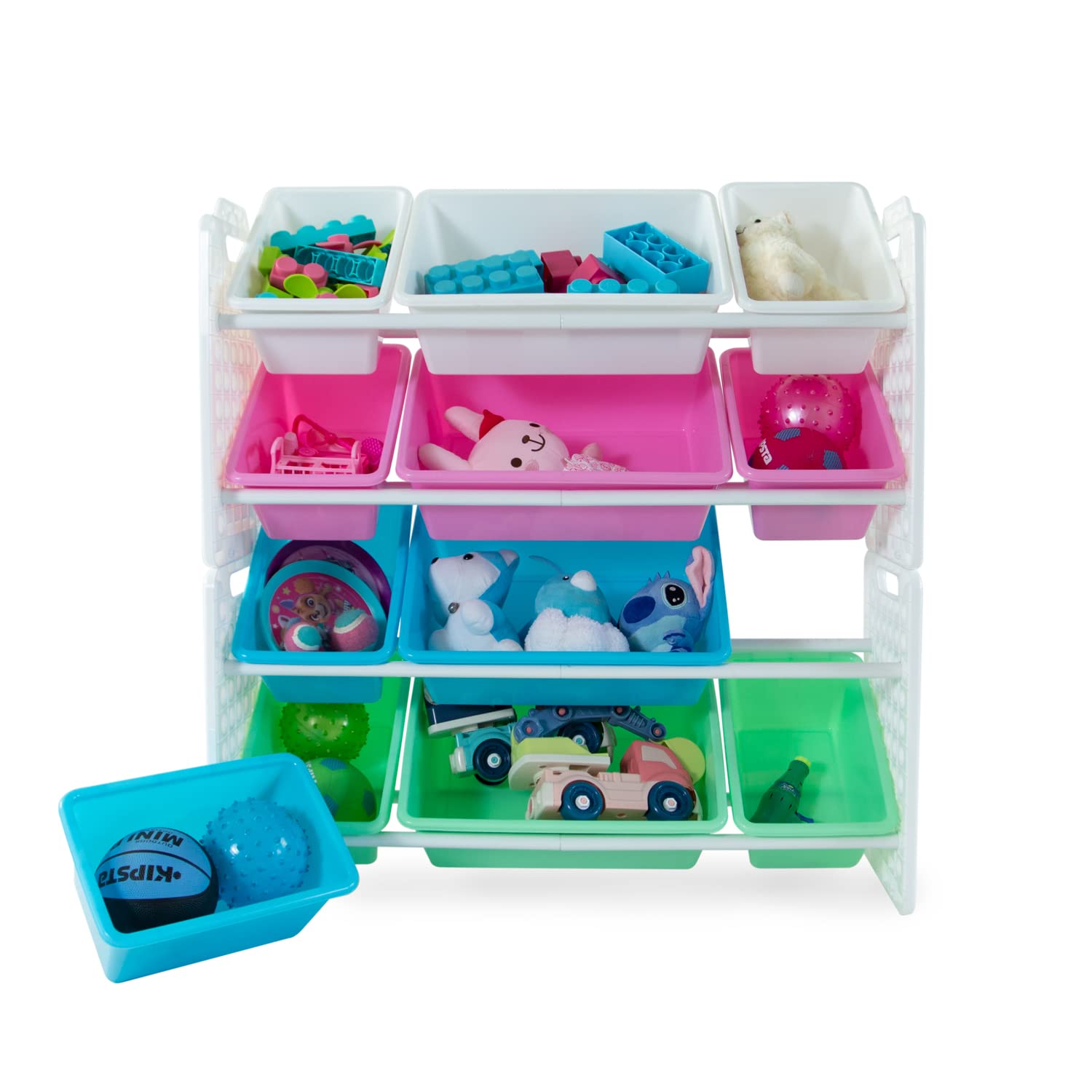 UNiPLAY 12-Bin Toy Organizer with Removable Storage Bins - Kids Book & Toy Storage for Building Blocks, School Supplies, Arts & Crafts - Sturdy Baseplate Frame (Pink) - Perfect for Playrooms, Classrooms & Daycare Centers