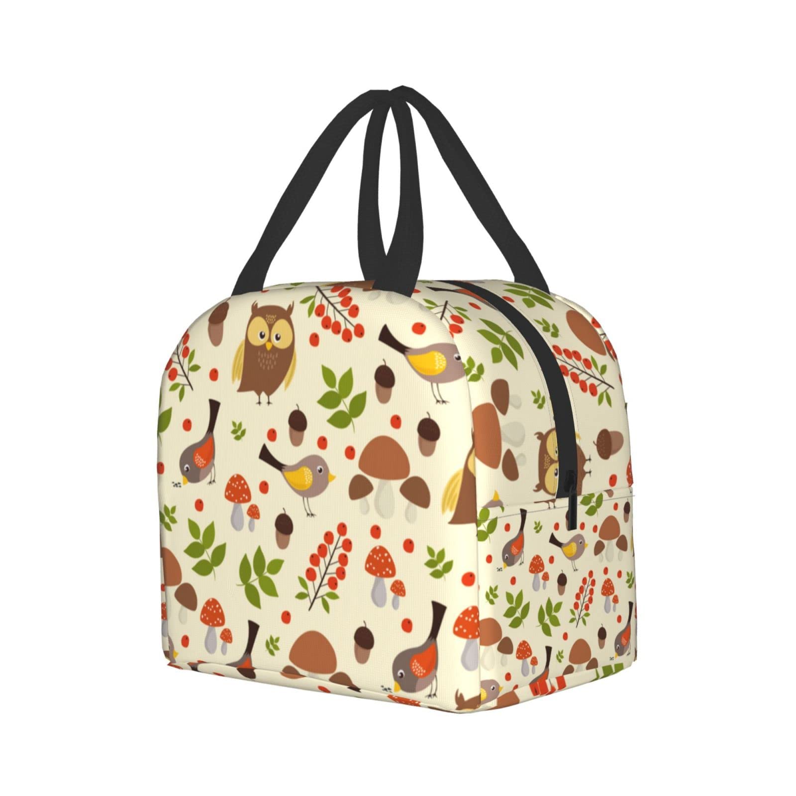 Owl and Mushroom Insulated Lunch Box - Reusable Thermal Lunch Bag for Women & Men - Perfect for Office, School, Camping, Hiking, Picnic, Beach & Travel - Keep Food Fresh Anywhere